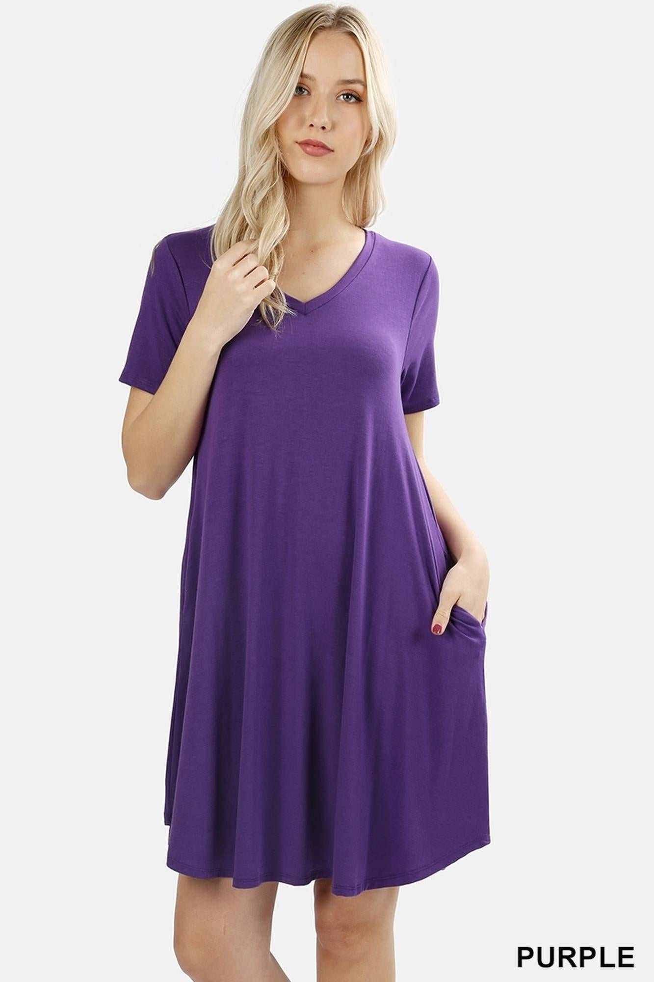 V-Neck Round Hem Short Sleeve Rayon Top with Pockets - 36 Inch Length