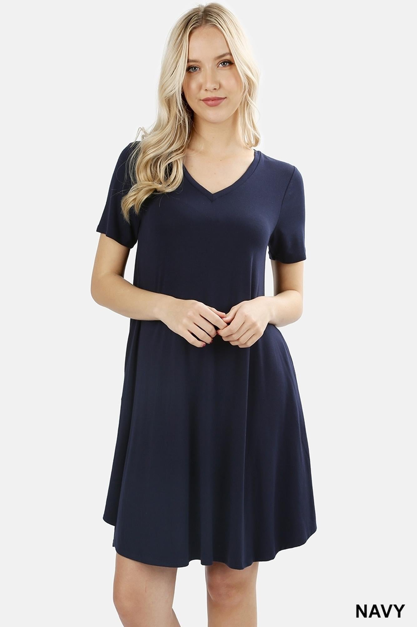 V-Neck Round Hem Short Sleeve Rayon Top with Pockets - 36 Inch Length