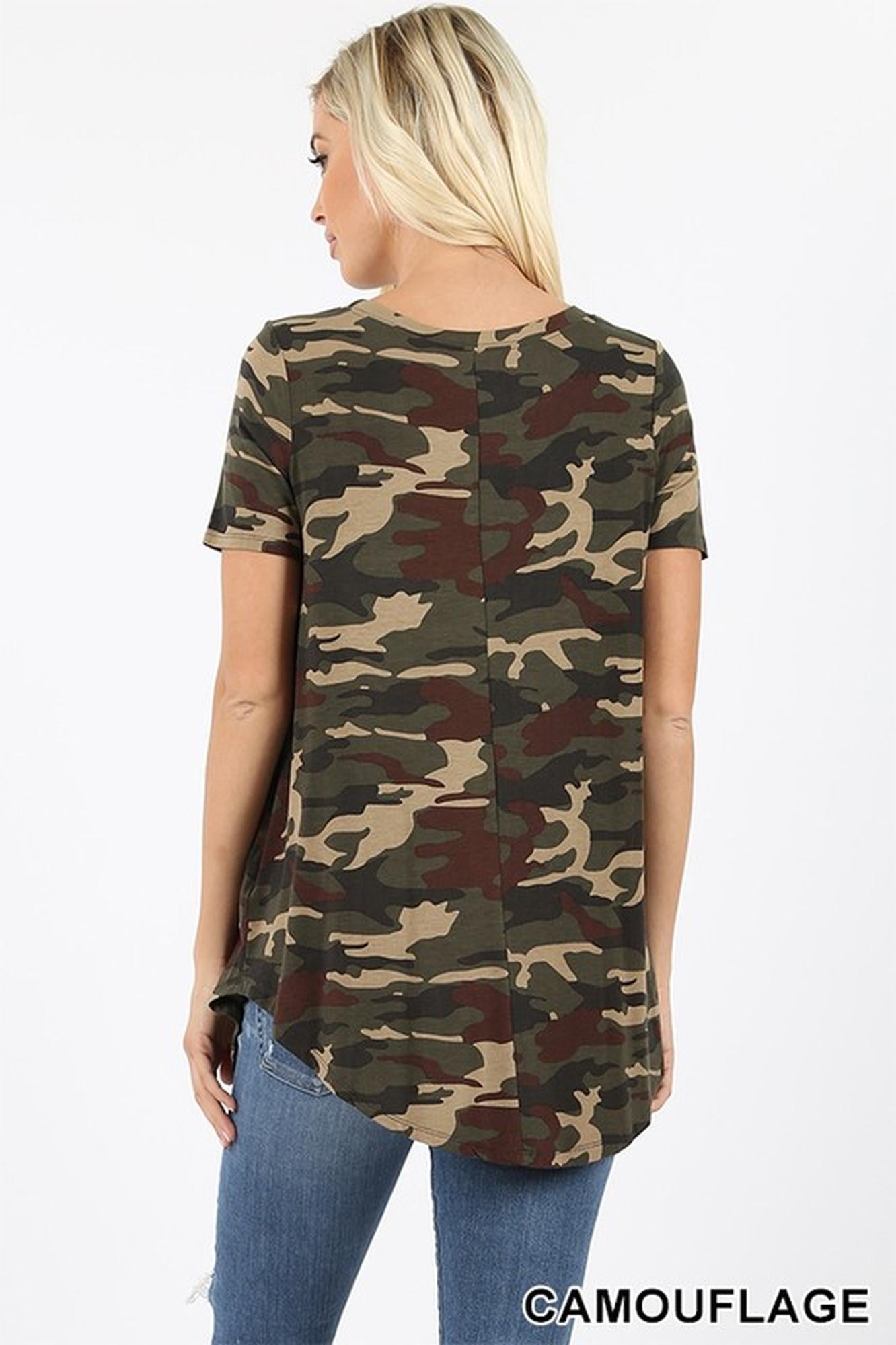 Short Sleeve Round Neck and Round Hem Camouflage Top