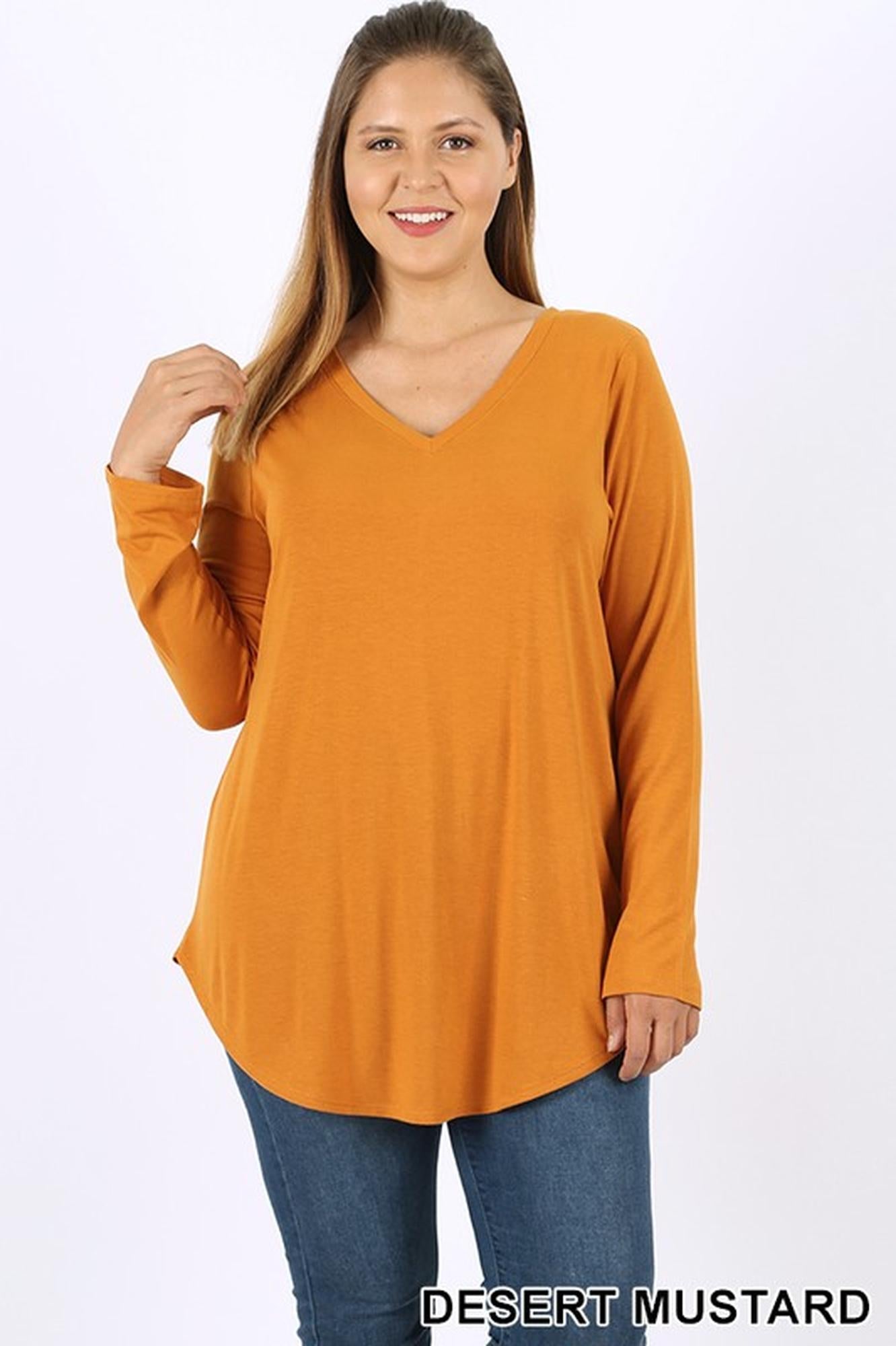 Premium V-Neck Round Hem Long Sleeve Plus Size Top