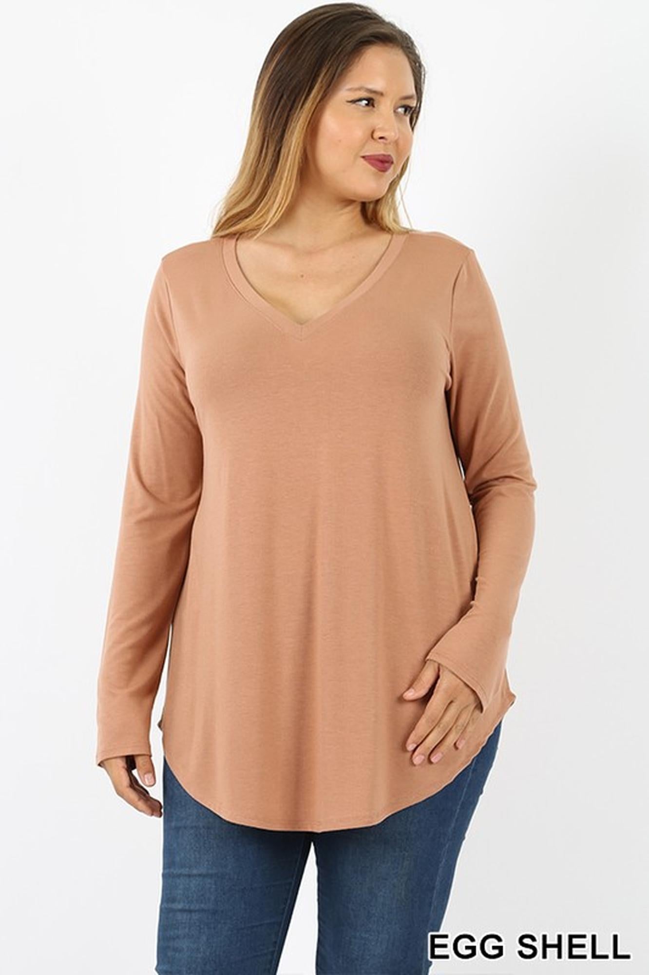 Premium V-Neck Round Hem Long Sleeve Plus Size Top