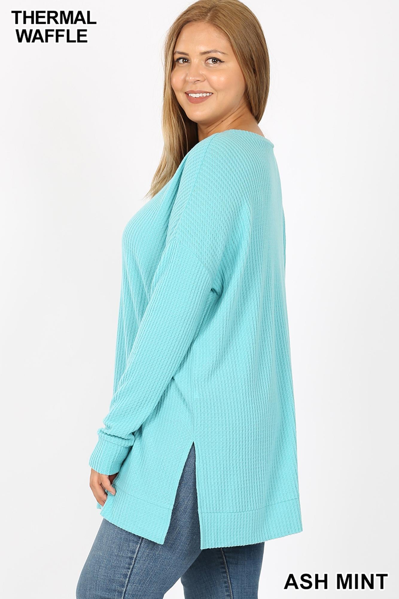 Brushed Thermal Waffle Knit Round Neck Plus Size Sweater