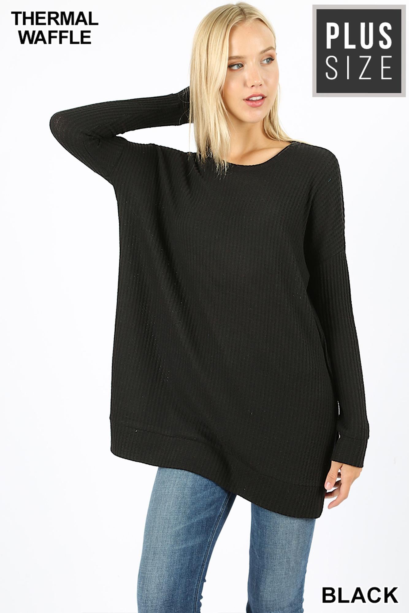 Brushed Thermal Waffle Knit Round Neck Plus Size Sweater