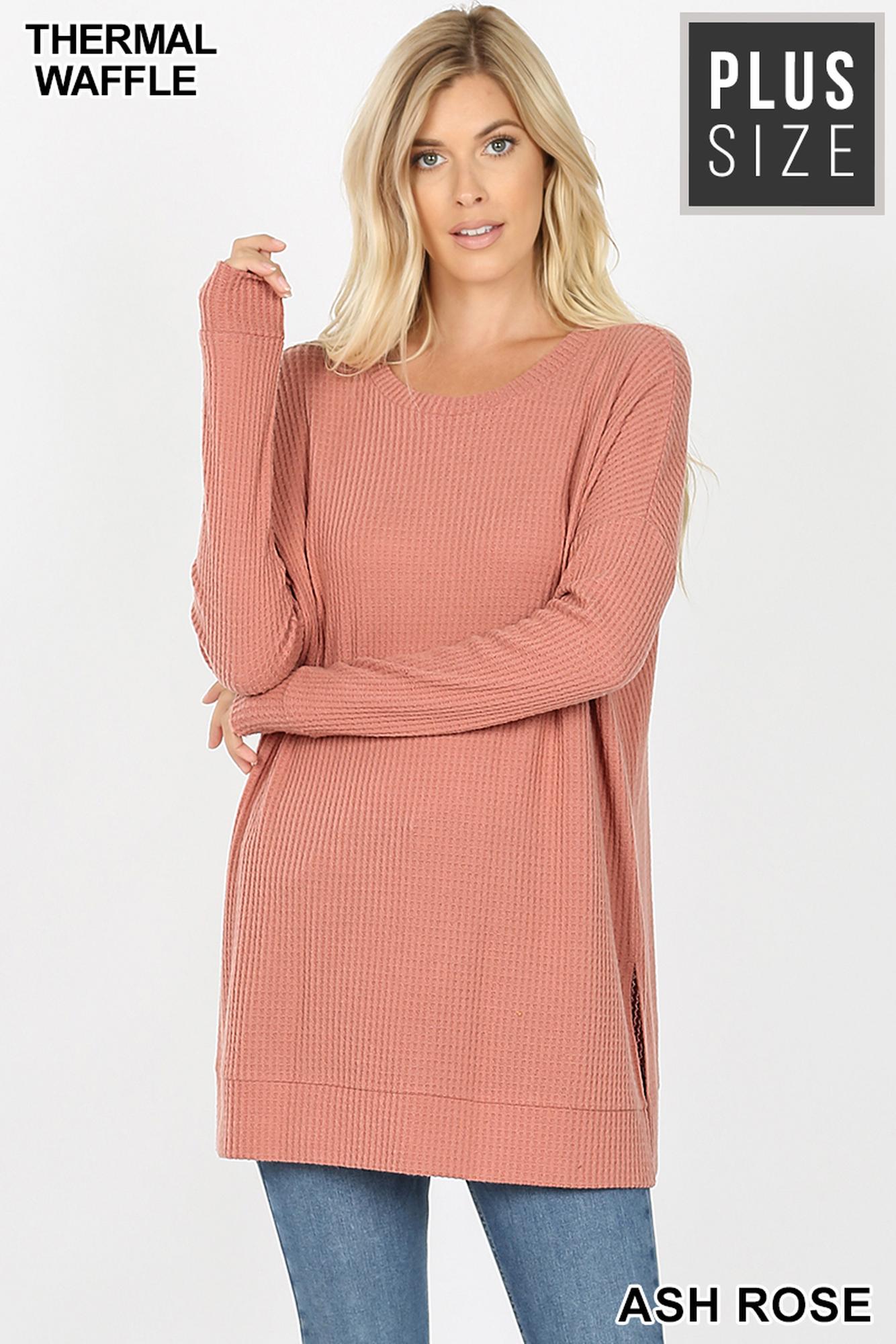Brushed Thermal Waffle Knit Round Neck Plus Size Sweater