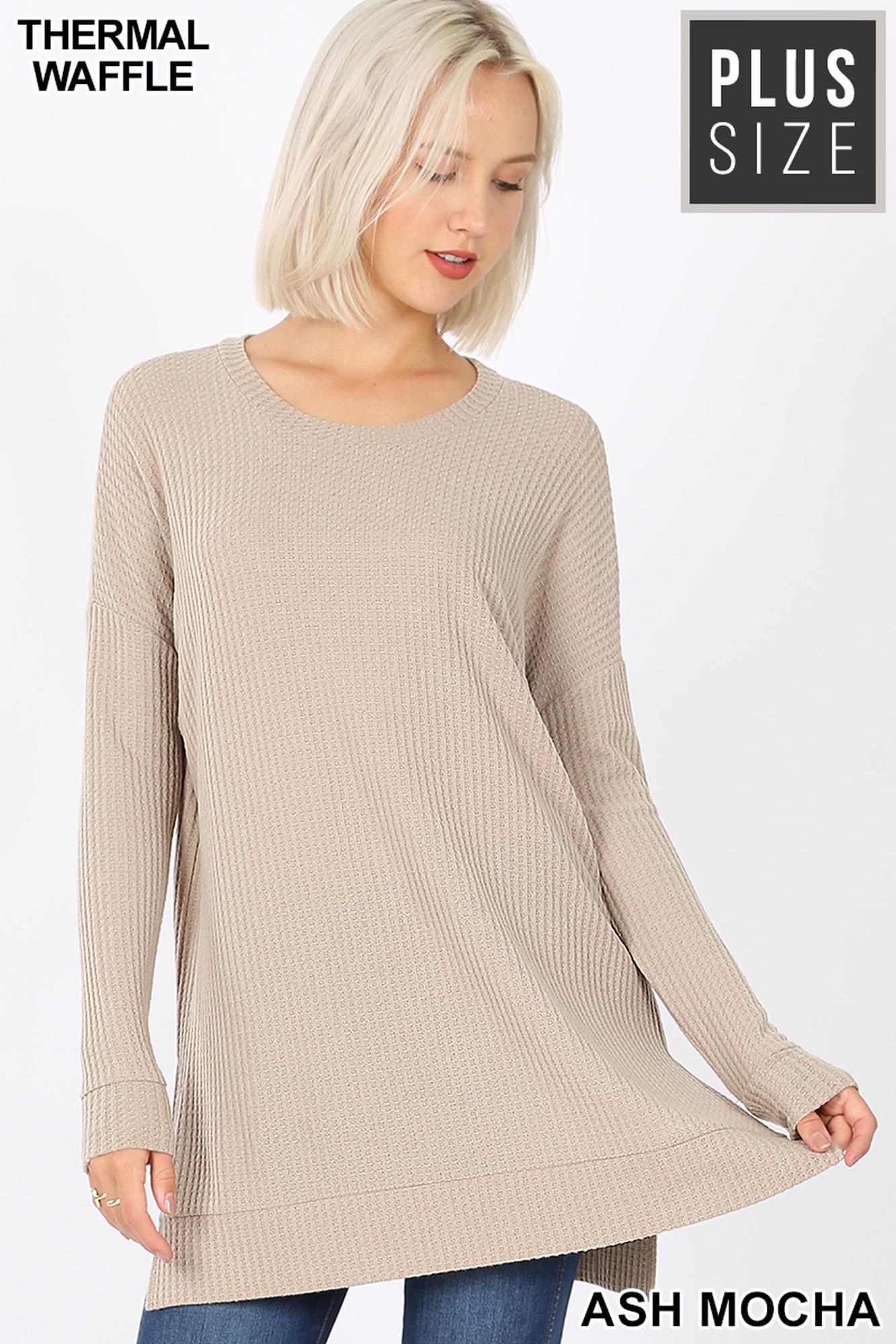Brushed Thermal Waffle Knit Round Neck Plus Size Sweater
