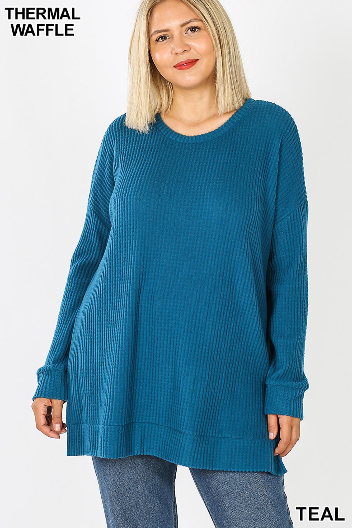Brushed Thermal Waffle Knit Round Neck Plus Size Sweater