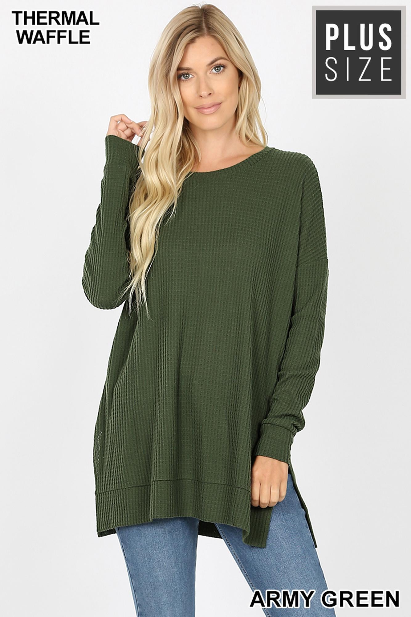 Brushed Thermal Waffle Knit Round Neck Plus Size Sweater