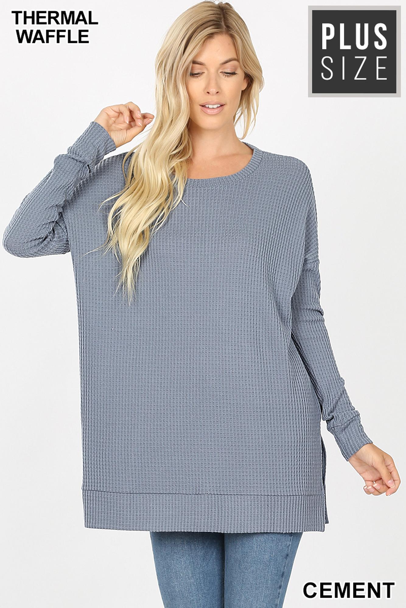 Brushed Thermal Waffle Knit Round Neck Plus Size Sweater