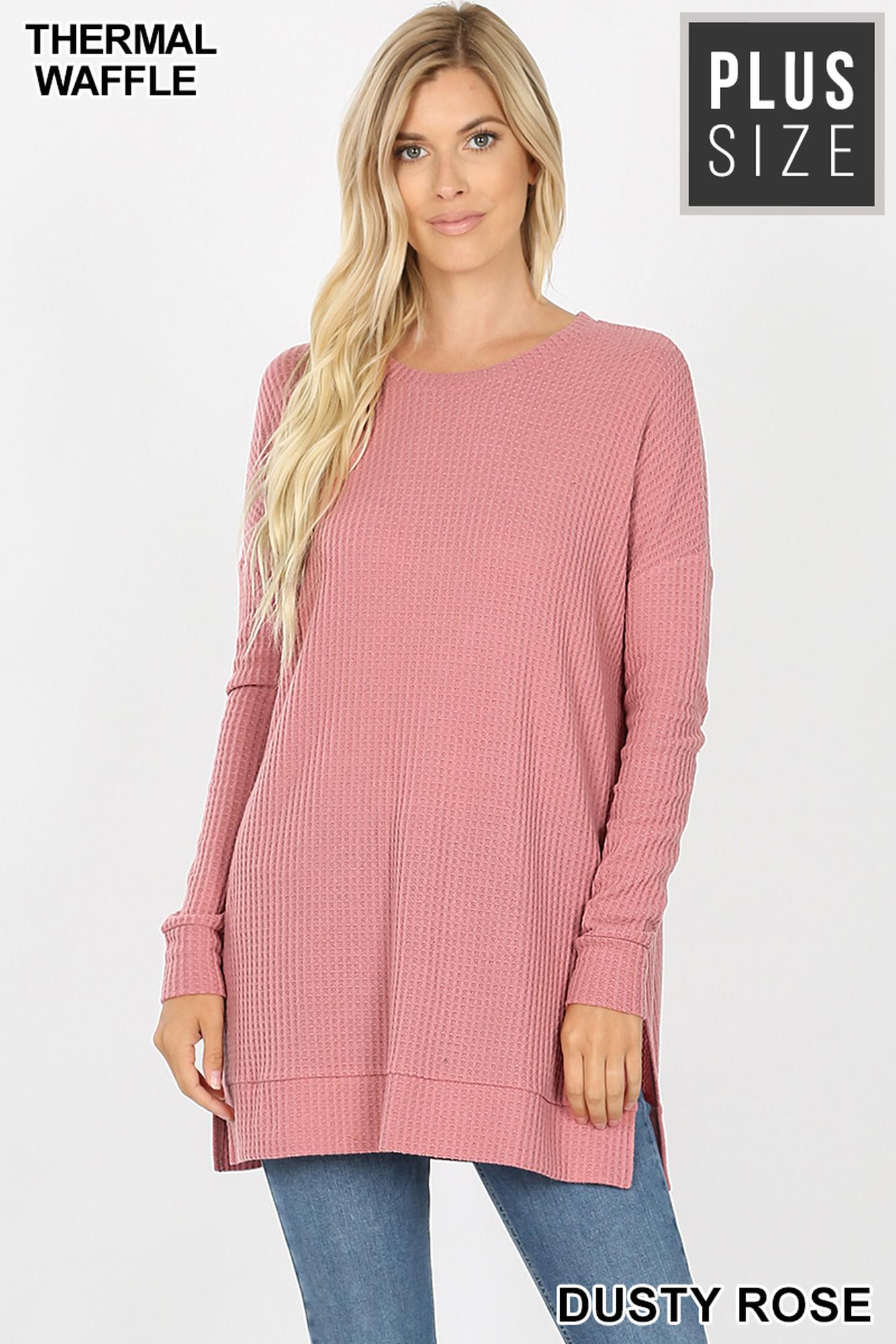 Brushed Thermal Waffle Knit Round Neck Plus Size Sweater