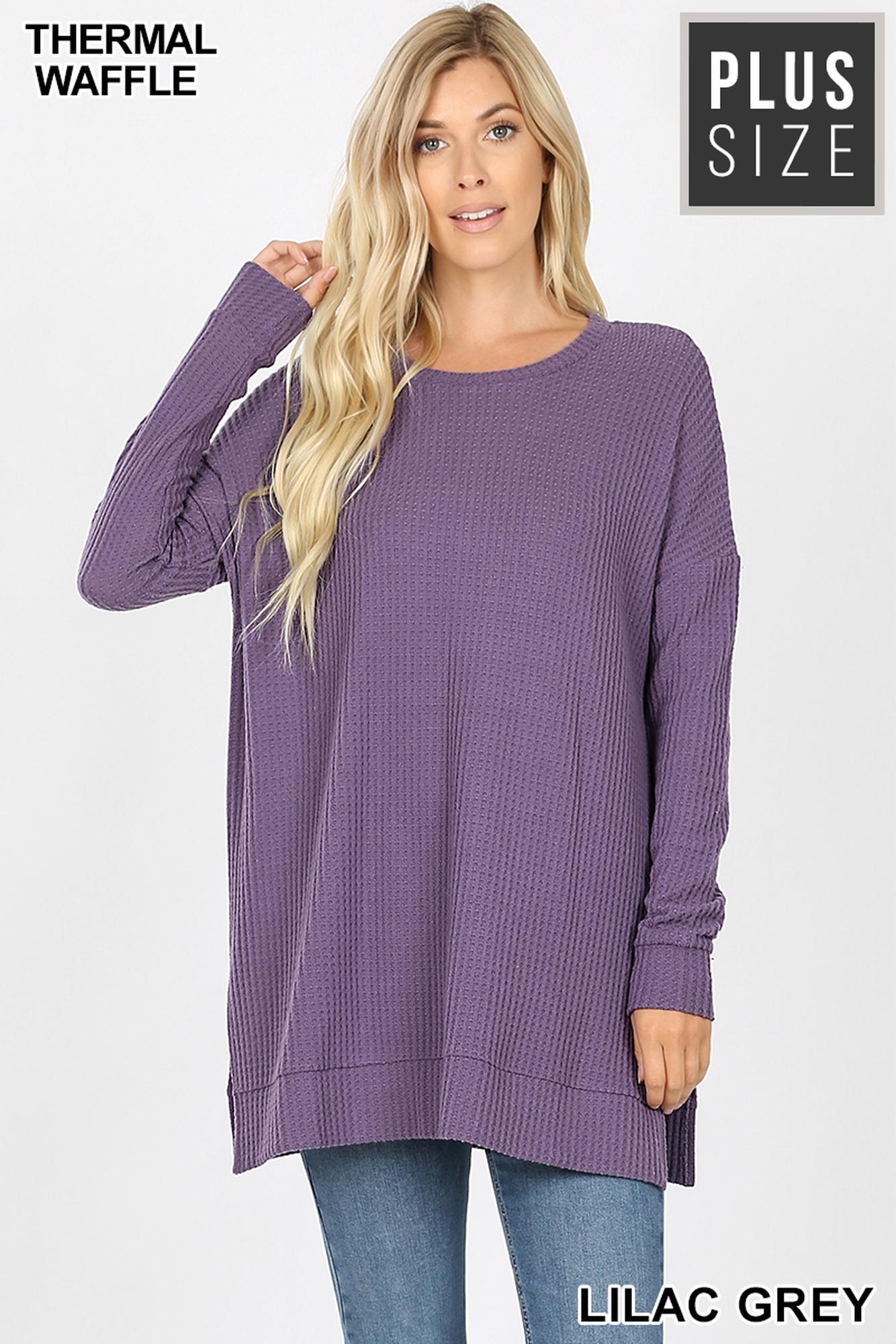 Brushed Thermal Waffle Knit Round Neck Plus Size Sweater