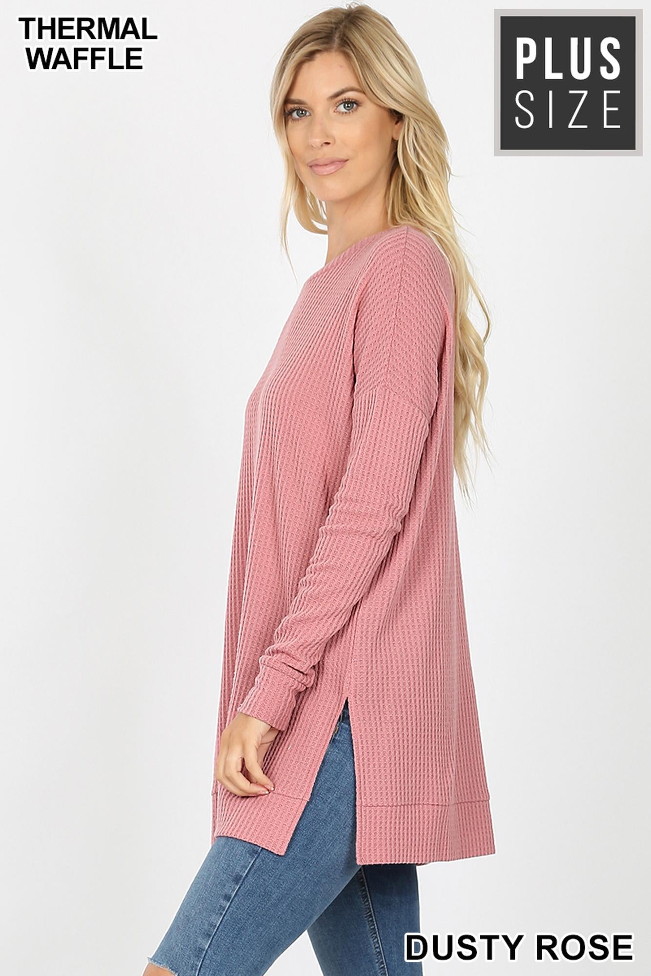 Brushed Thermal Waffle Knit Round Neck Plus Size Sweater
