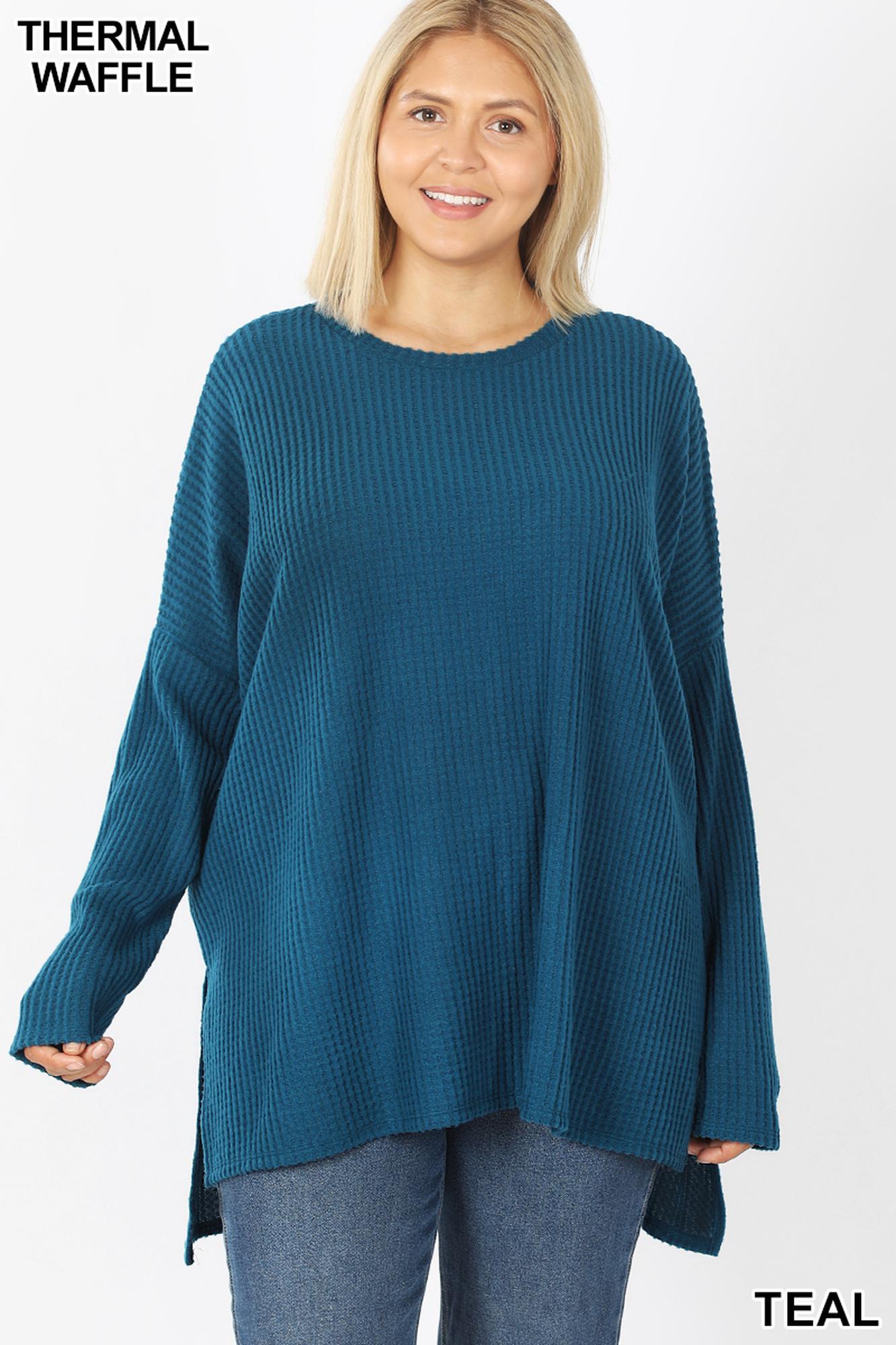 Brushed Thermal Waffle Knit Round Neck Hi-Low Plus Size Sweater