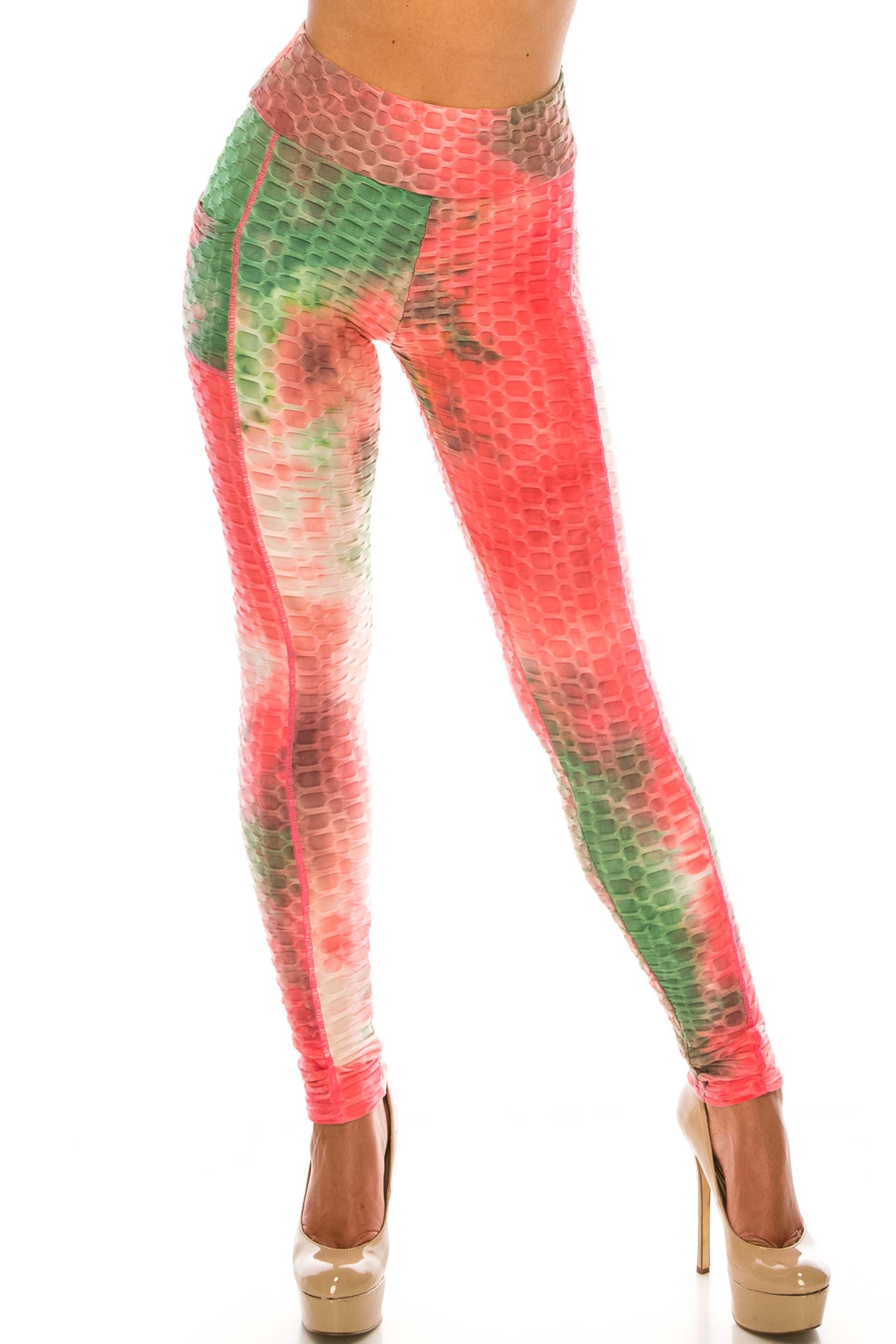 Premium Coral Olive Tie Dye Scrunch Butt Workout Leggings with Side Pockets