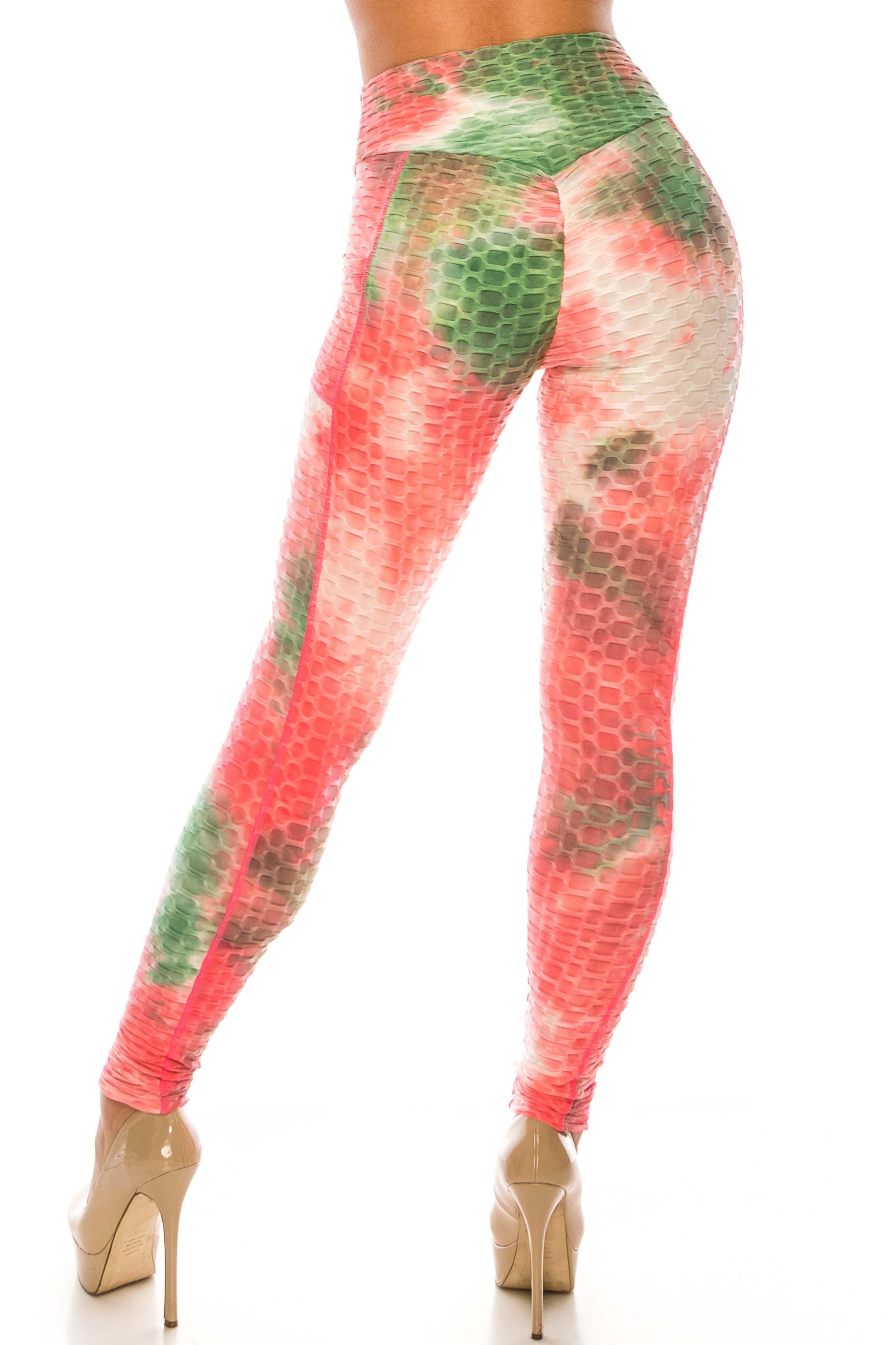 Premium Coral Olive Tie Dye Scrunch Butt Workout Leggings with Side Pockets