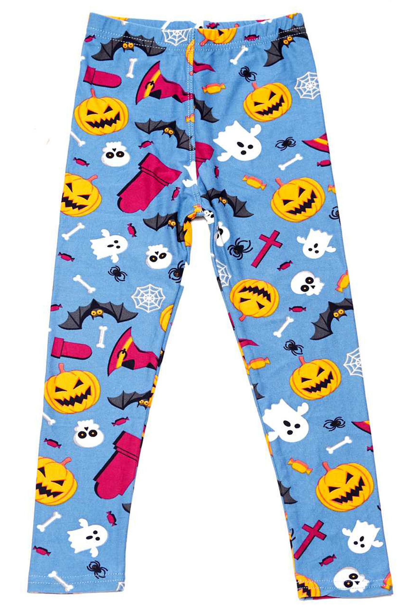 Soft Brushed Steel Blue Halloween Motif Kids Leggings