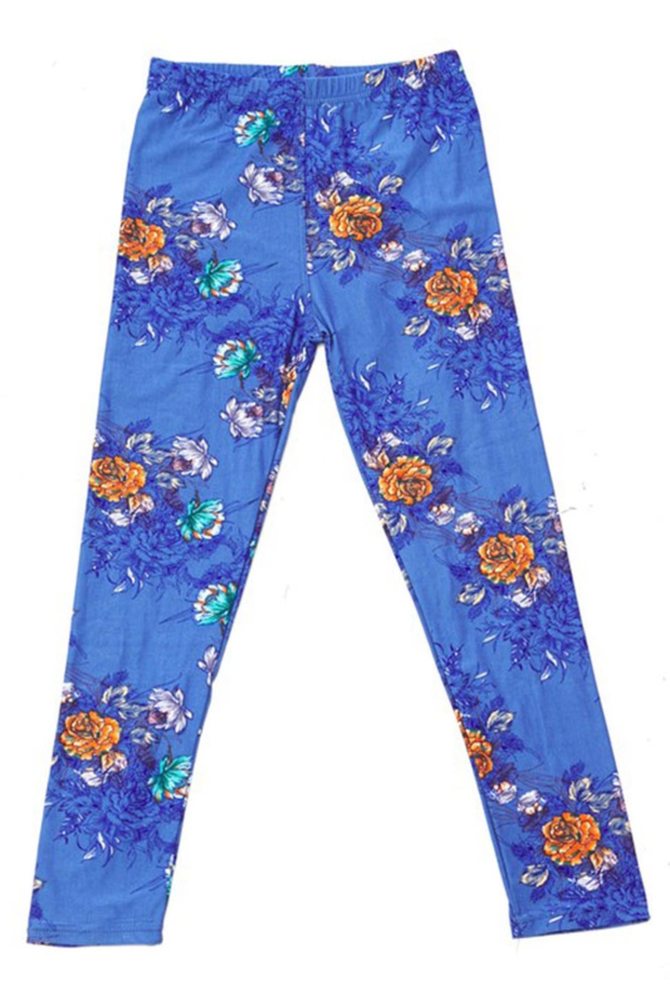 Buttery Smooth Denim Blue Floral Rose Kids Leggings