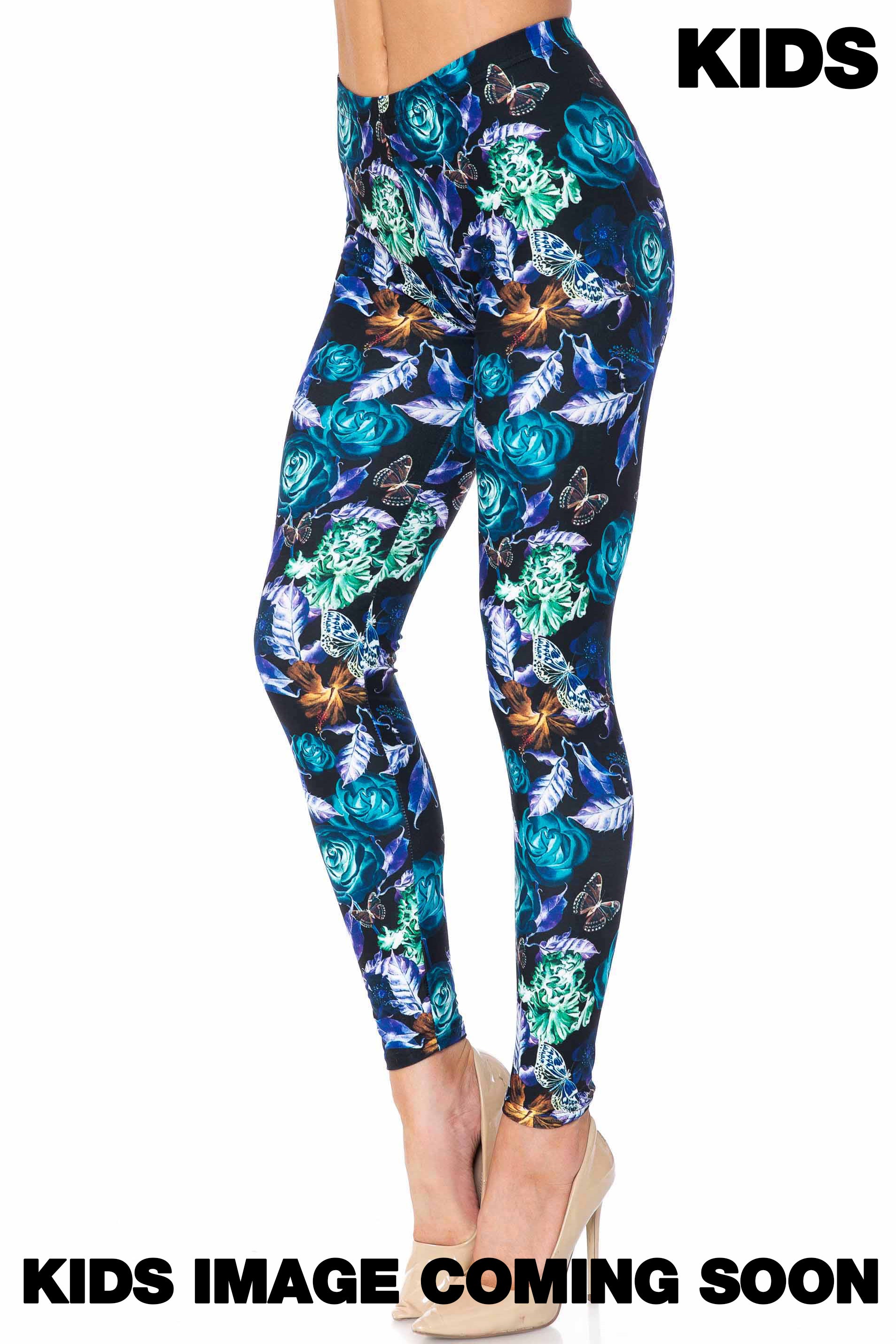 Creamy Soft Electric Blue Floral Butterfly Kids Leggings - USA Fashion™