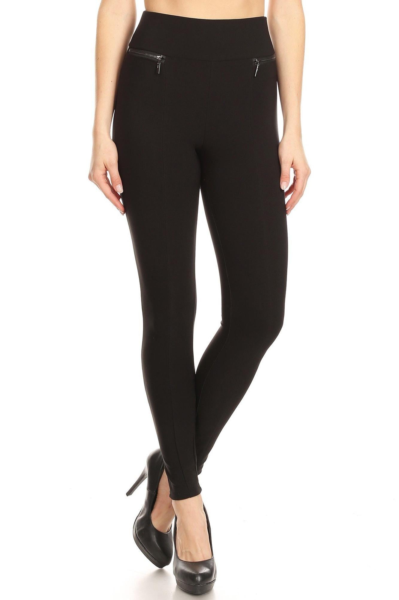 Black High Waisted Body Sculpting Treggings with Zipper Accents