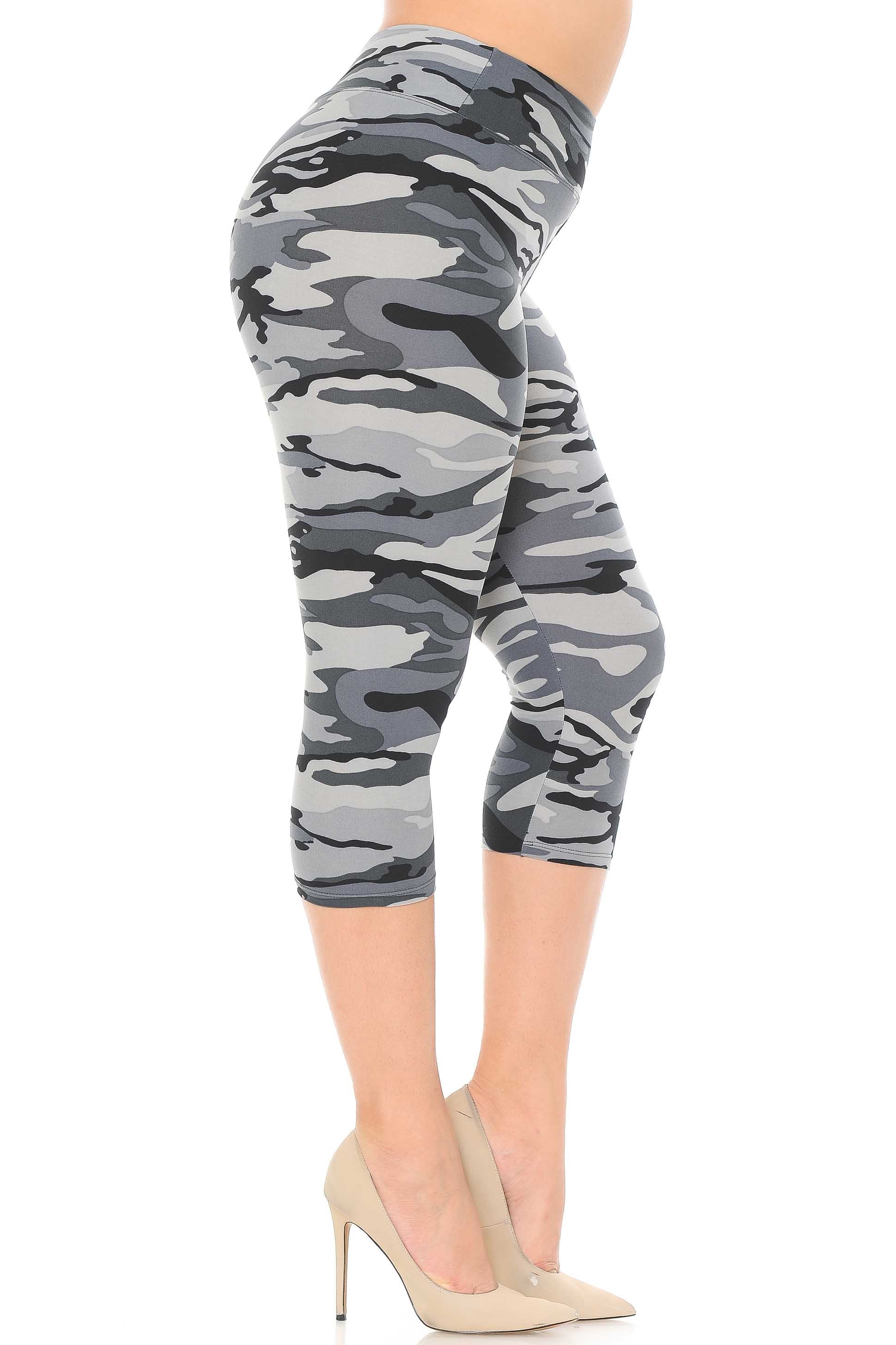 Buttery Soft Charcoal Camouflage High Waist Plus Size Capris - 3 Inch (One Size Plus,Charcoal)
