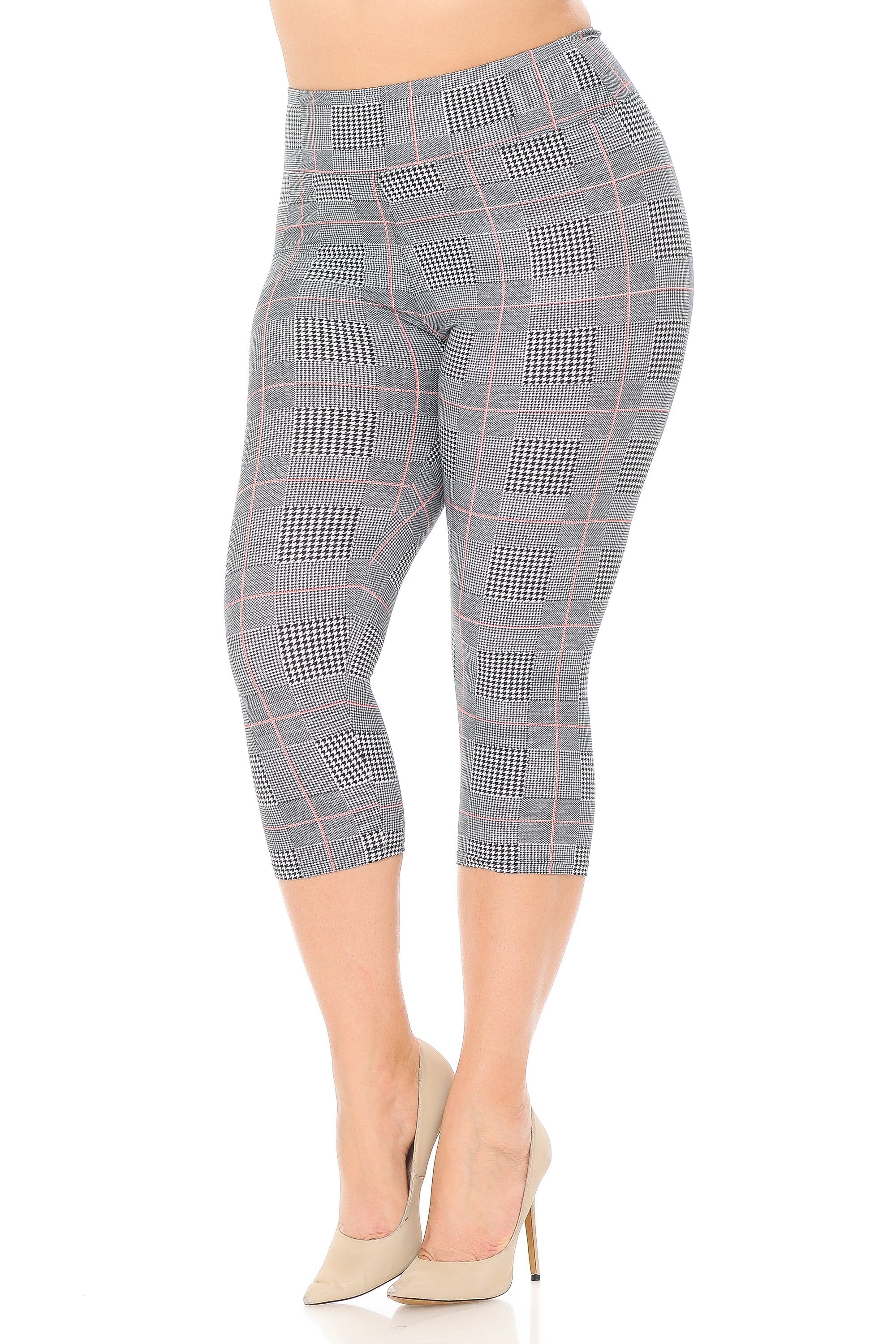 Buttery Soft Coral Accent Textured Houndstooth High Waist Plus Size Capris - 3 Inch (One Size Plus,Charcoal)