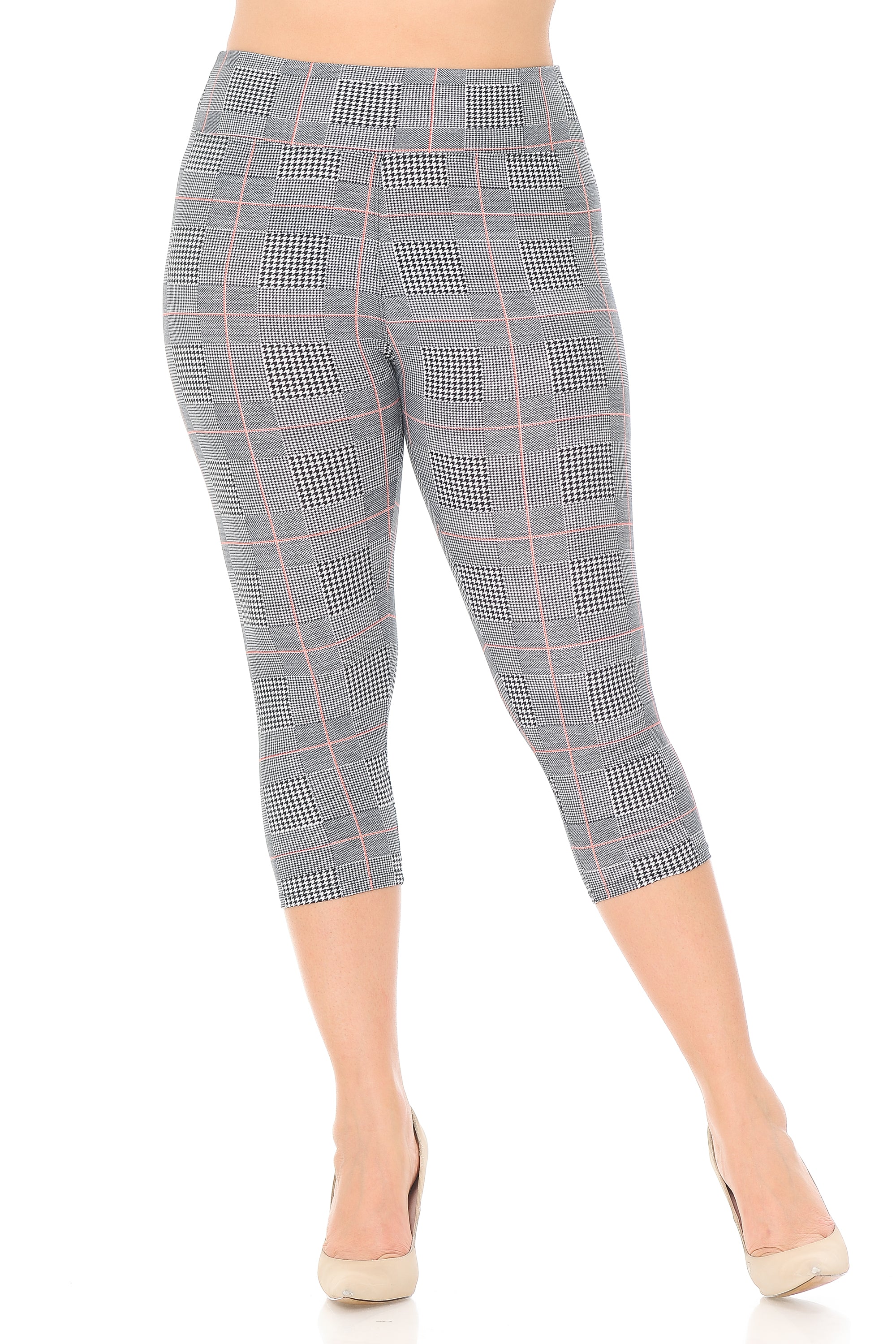 Buttery Soft Coral Accent Textured Houndstooth High Waist Plus Size Capris - 3 Inch (One Size Plus,Charcoal)