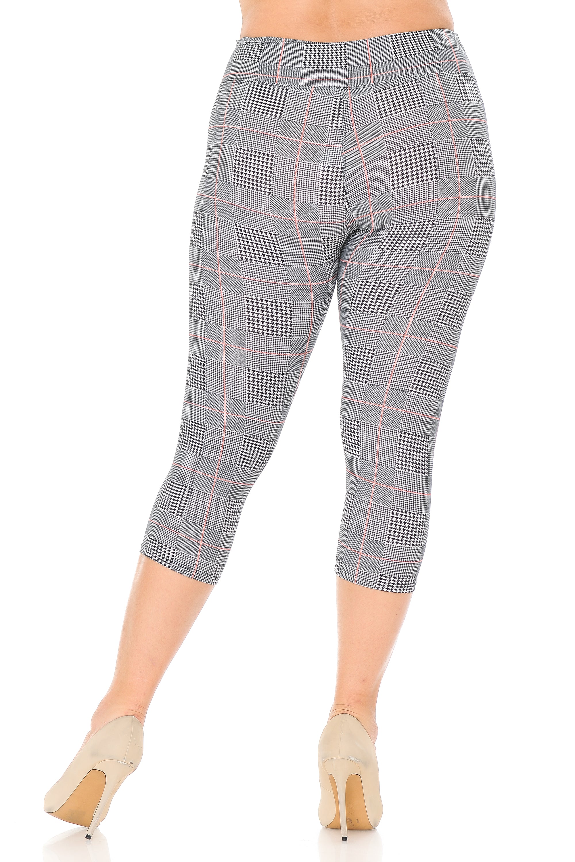 Buttery Soft Coral Accent Textured Houndstooth High Waist Plus Size Capris - 3 Inch (One Size Plus,Charcoal)