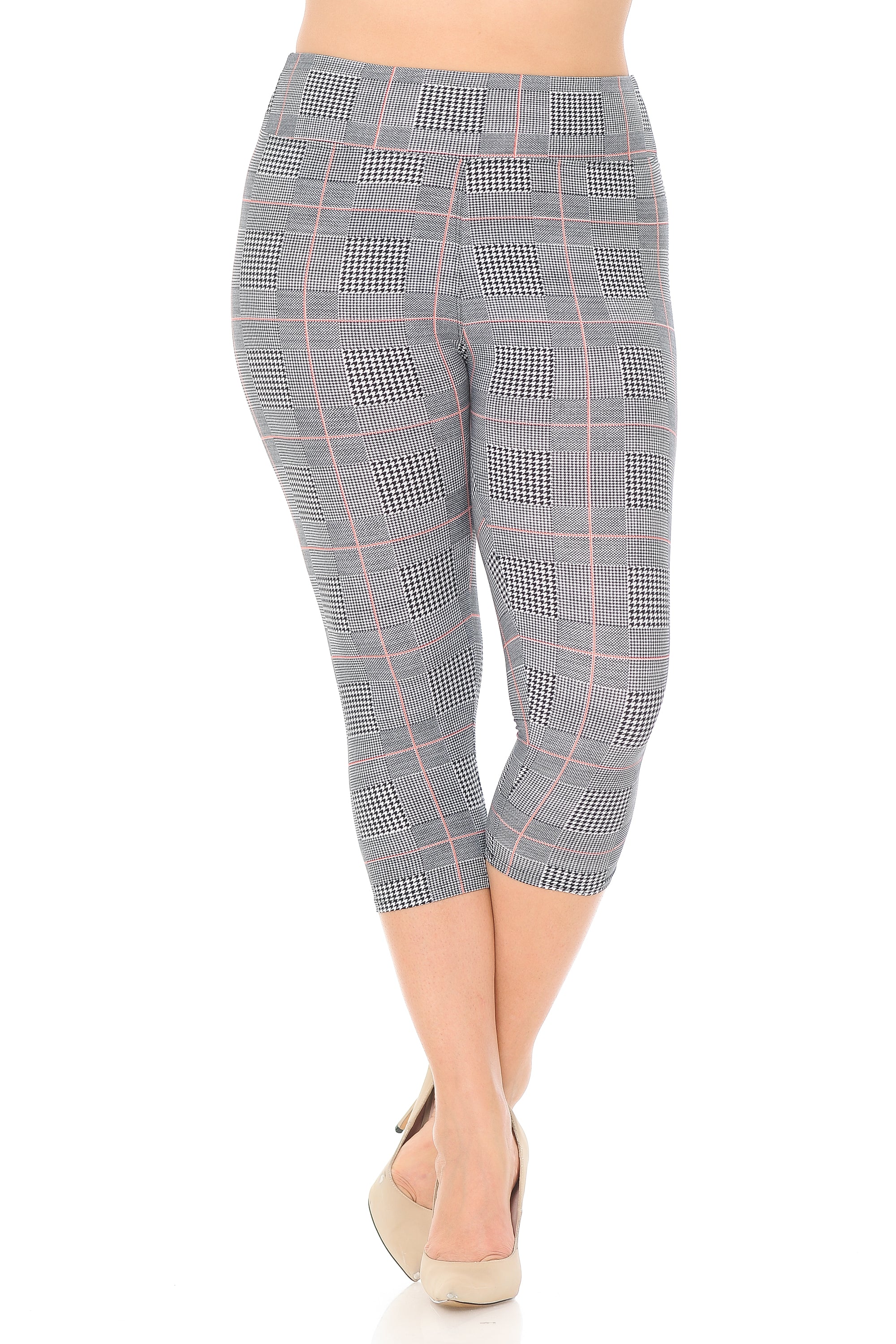 Buttery Soft Coral Accent Textured Houndstooth High Waist Plus Size Capris - 3 Inch (One Size Plus,Charcoal)