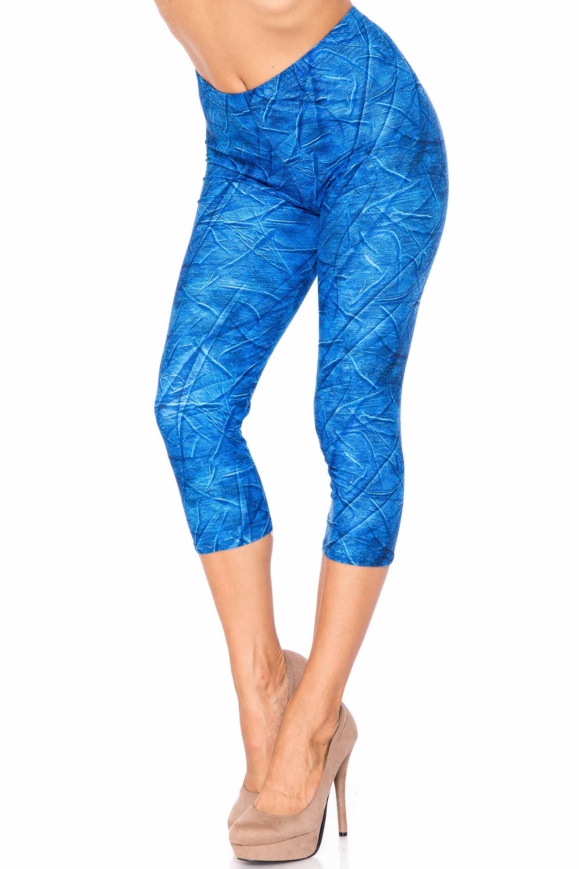 Creamy Soft Blue Wrinkled Denim Plus Size Capris - USA Fashion (One Size Plus,Blue)