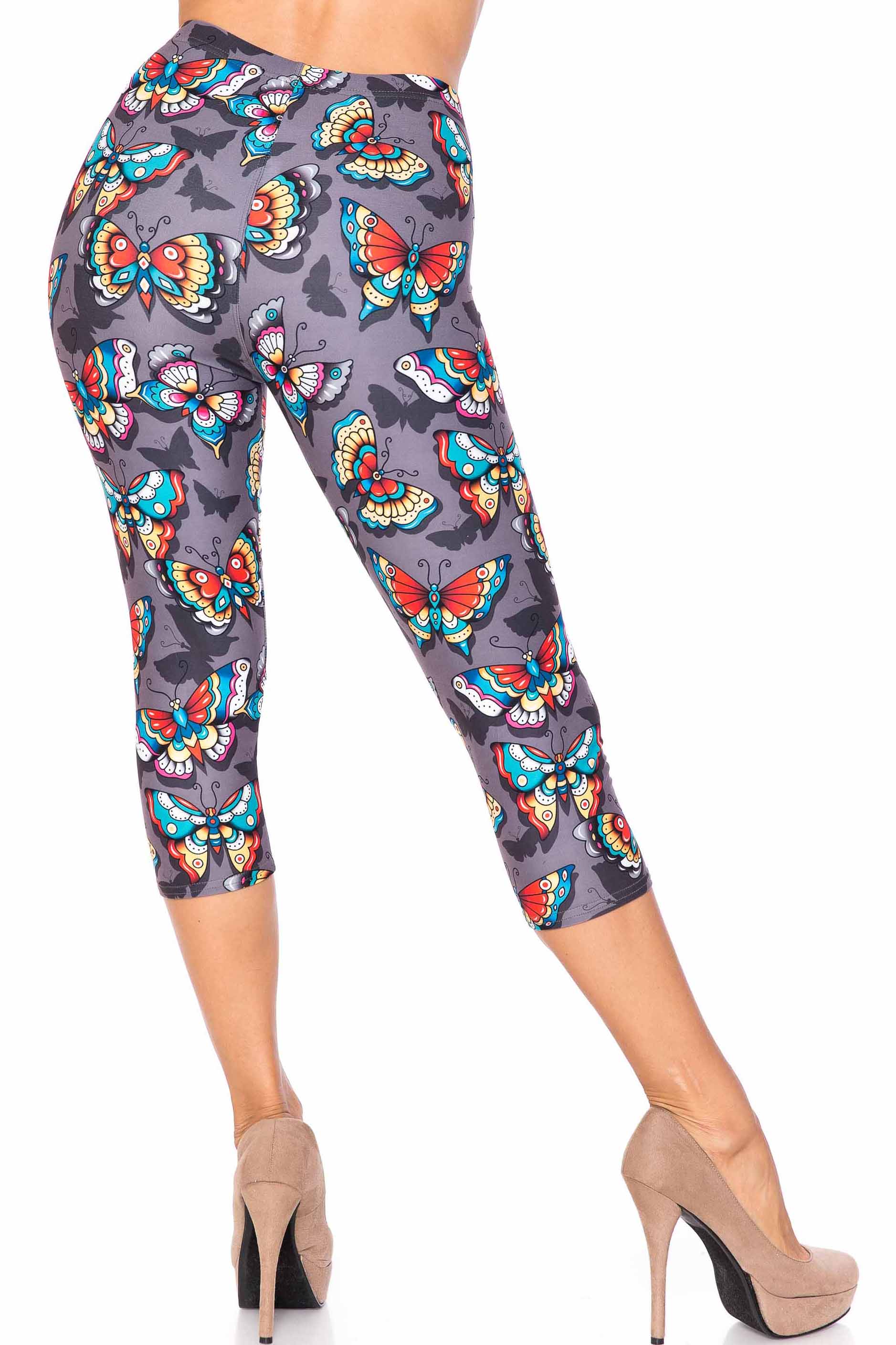 Creamy Soft Jewel Tone Butterfly Plus Size Capris - USA Fashion (One Size Plus,Charcoal)