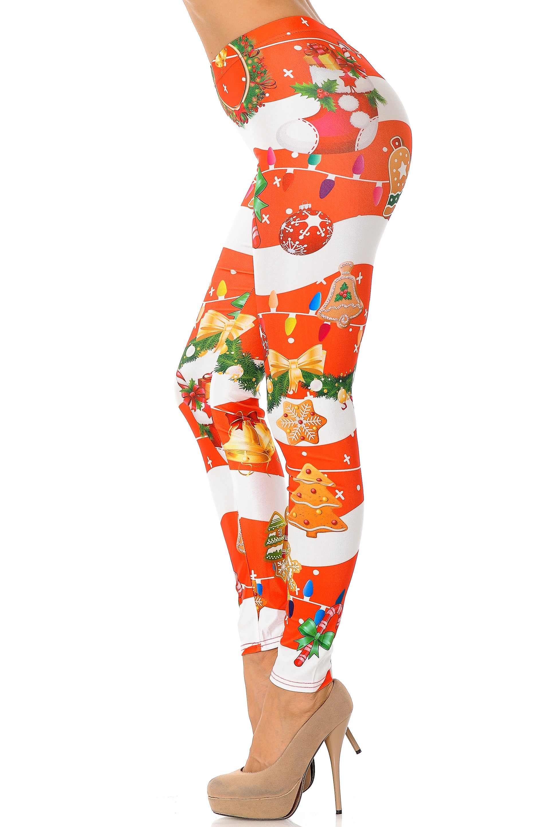 Holiday Festive Red Christmas Garland Wrap Leggings - Plus Size