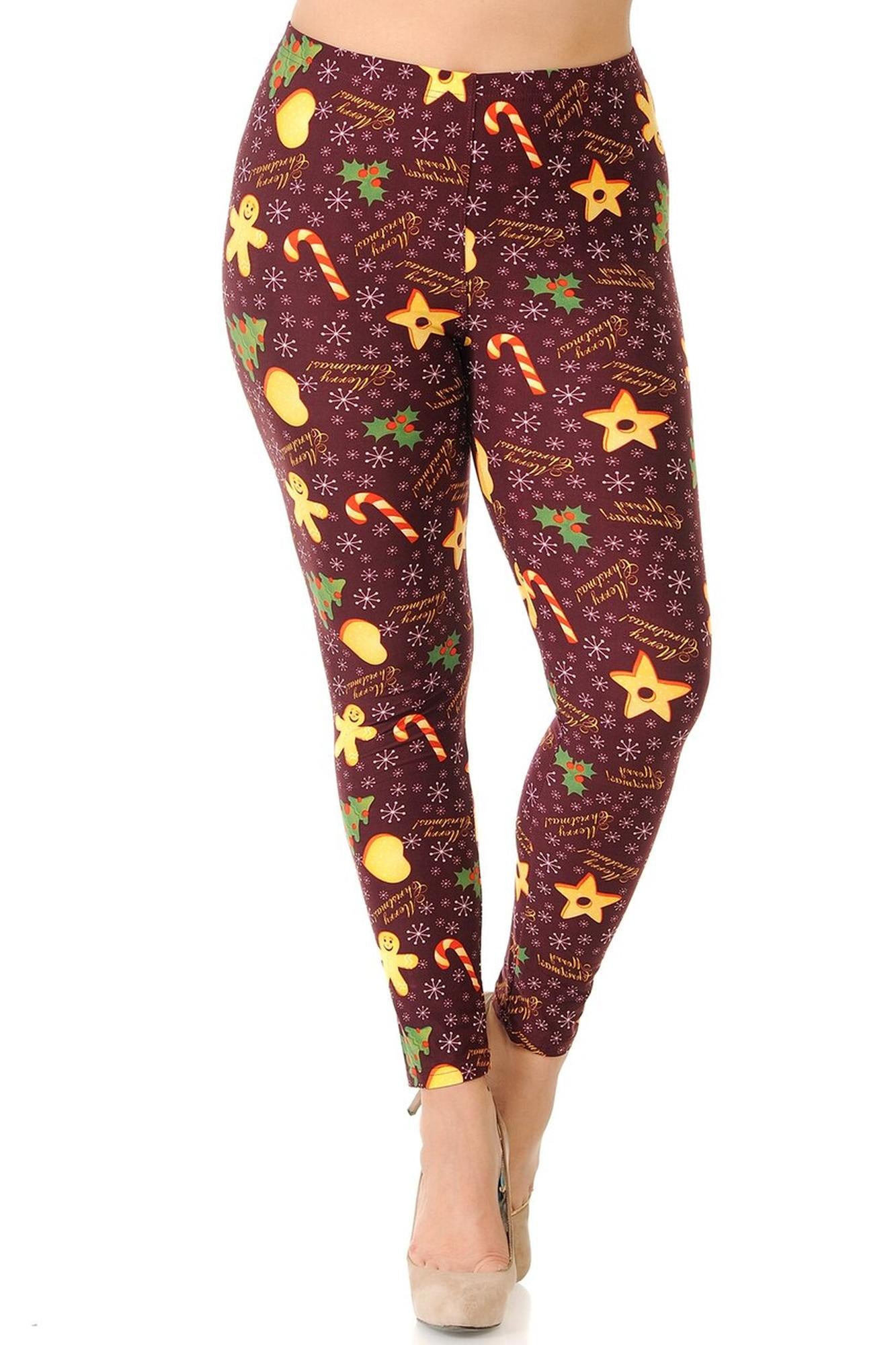 Buttery Soft Merry Christmas Treats and Cookies Plus Size Leggings (One Size Plus,Burgundy)