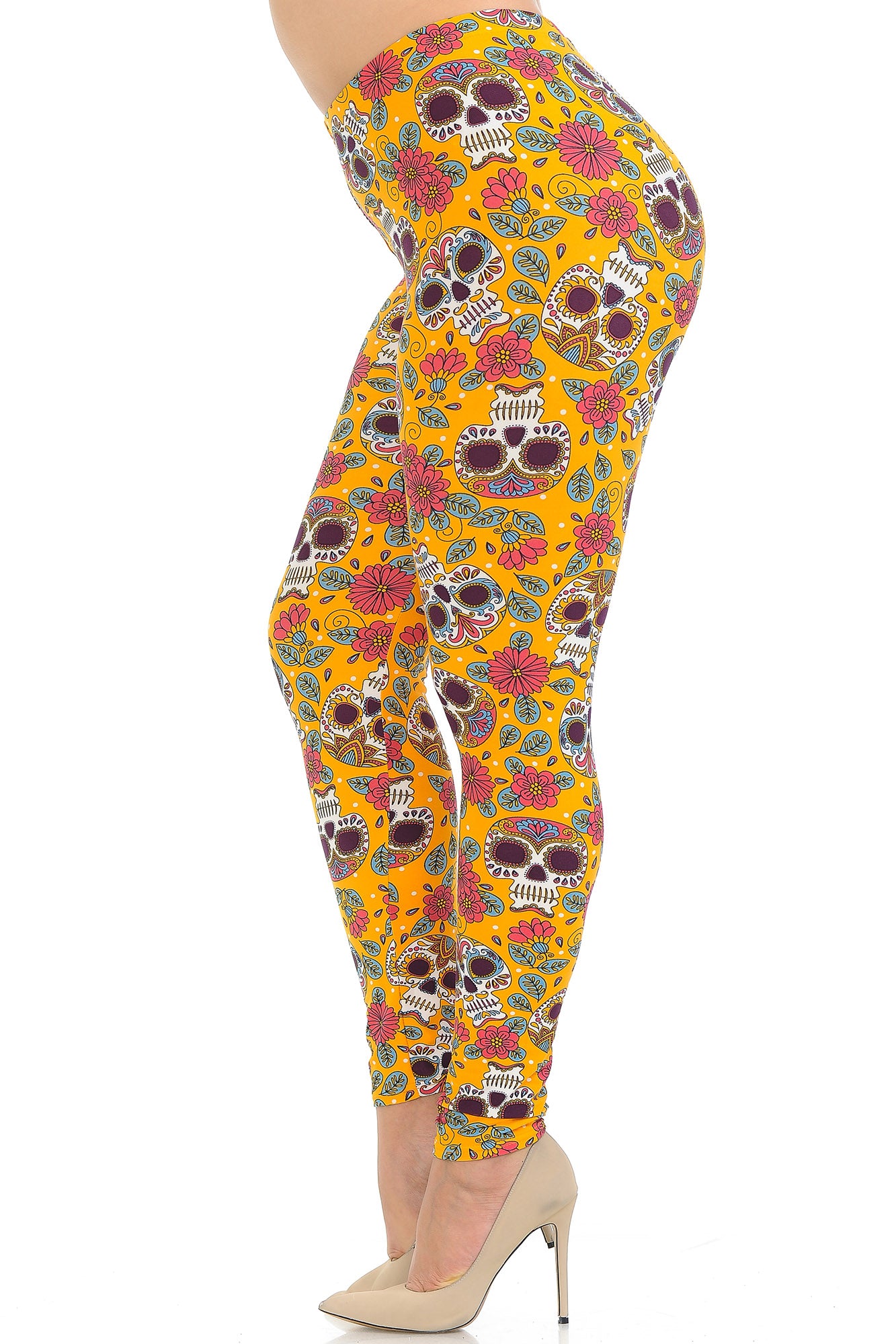 Buttery Soft Mustard Summer Sugar Skull Plus Size Leggings (One Size Plus,Yellow)