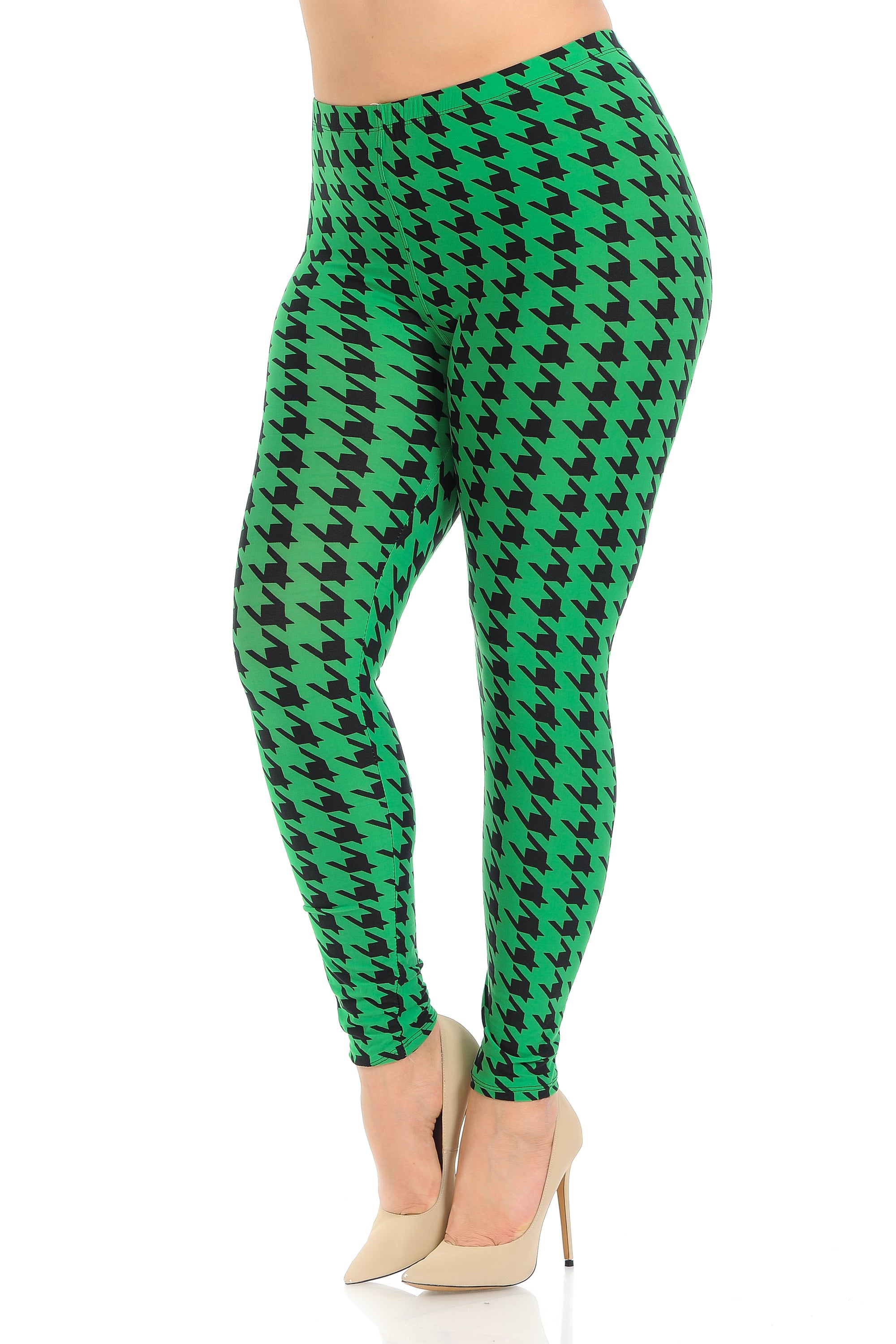 Buttery Soft Green Houndstooth Plus Size Leggings (One Size Plus,Green)