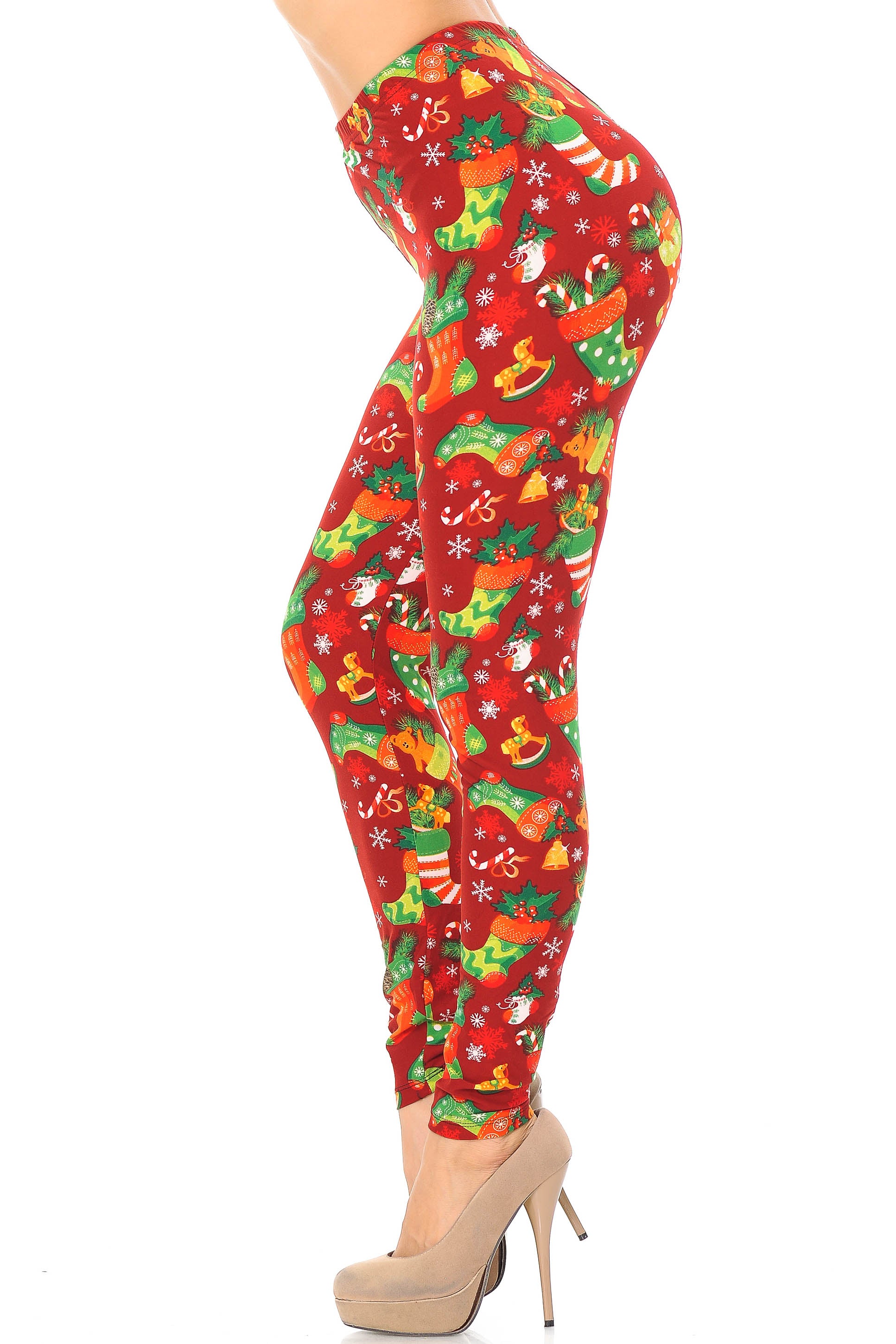 Buttery Soft Ruby Red Christmas Stocking Plus Size Leggings (One Size Plus,Red)