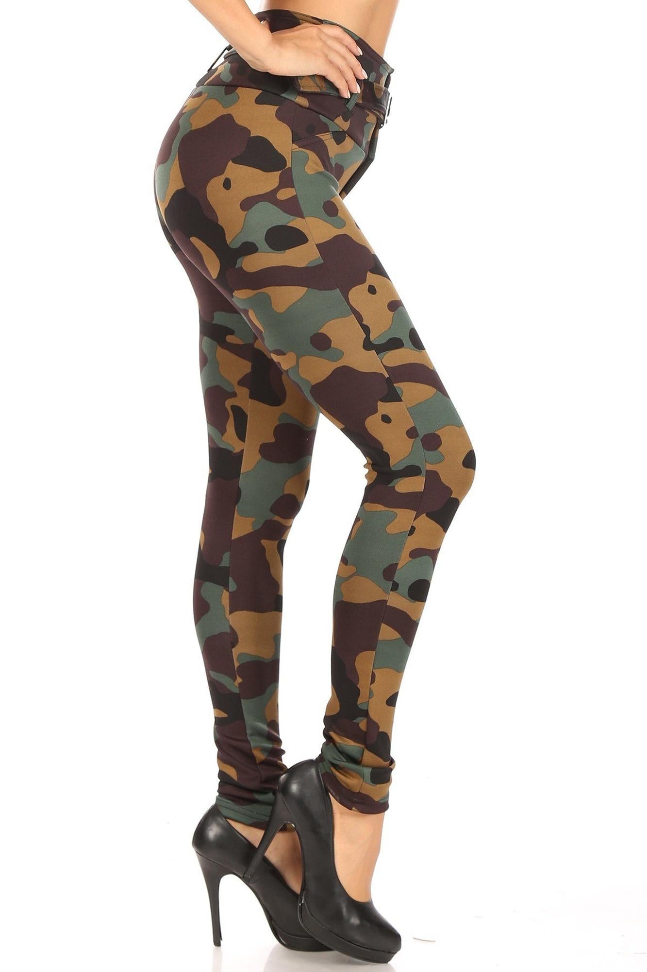 Brown Camouflage High Waist Belted Treggings