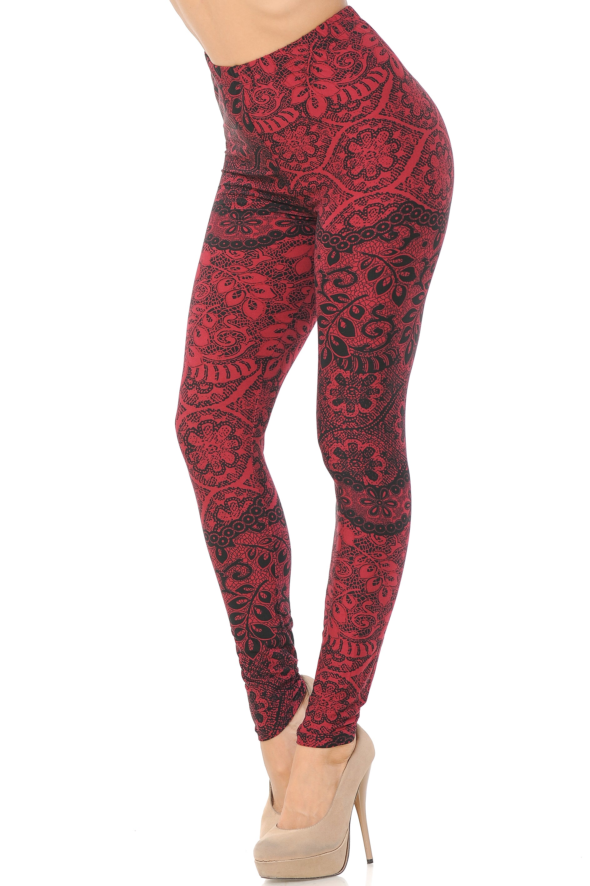 Buttery Soft Rouge Leaf Plus Size Leggings (One Size Plus,Red)