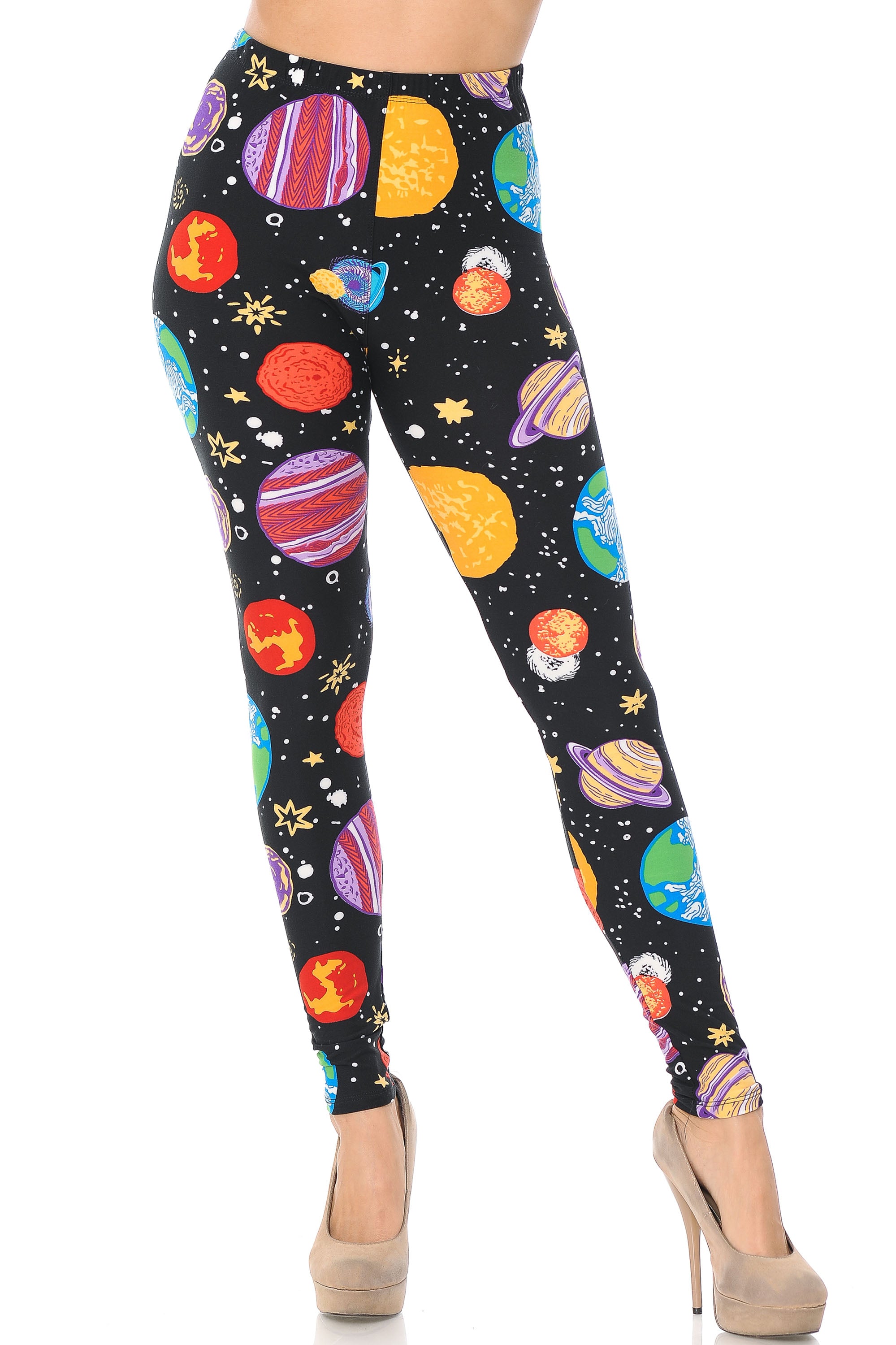 Buttery Soft Planets in Space Plus Size Leggings (One Size Plus,Black)