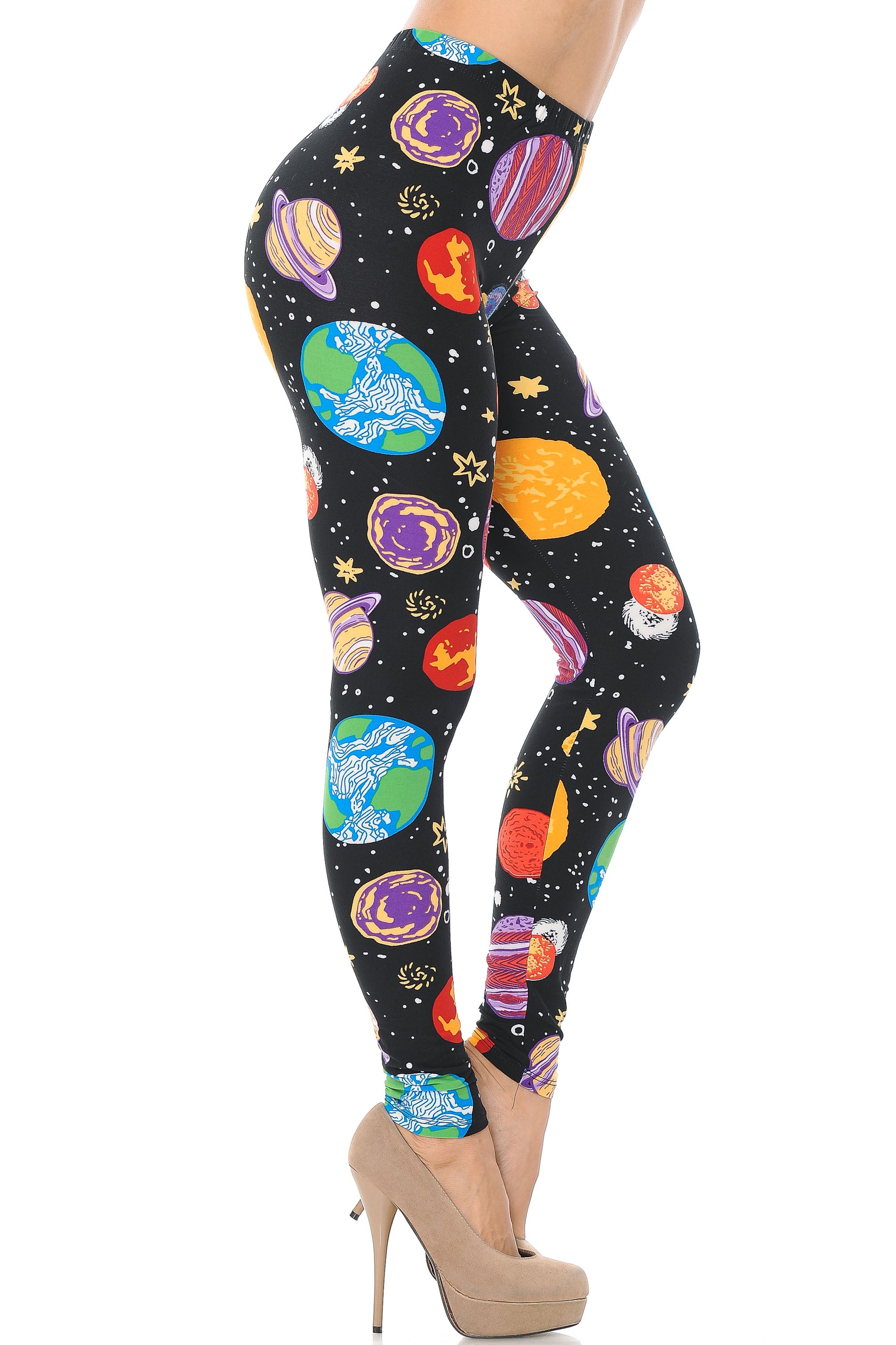 Buttery Soft Planets in Space Plus Size Leggings (One Size Plus,Black)