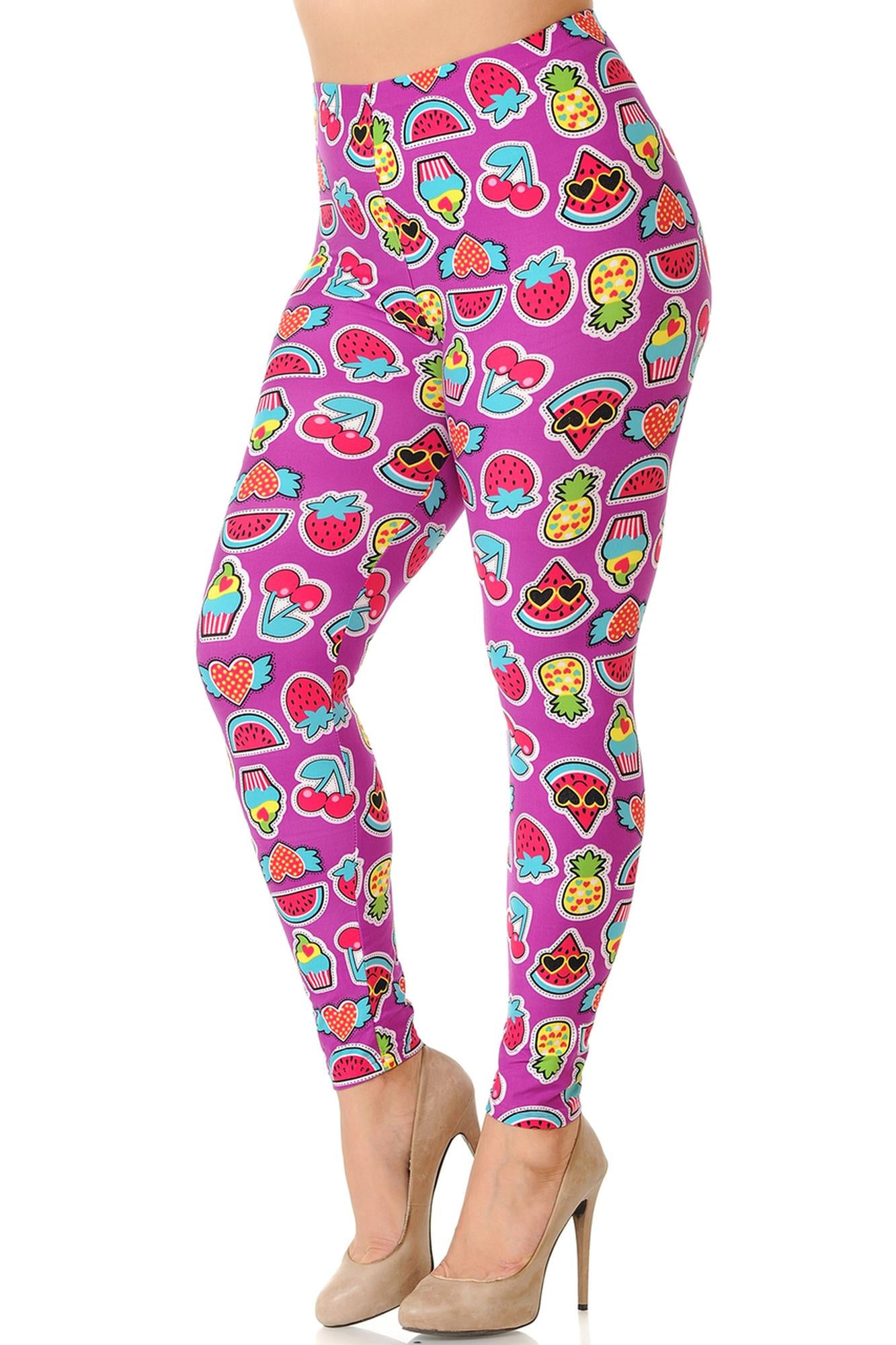 Buttery Soft Cartoon Fruit Plus Size Leggings (One Size Plus,Fuchsia)