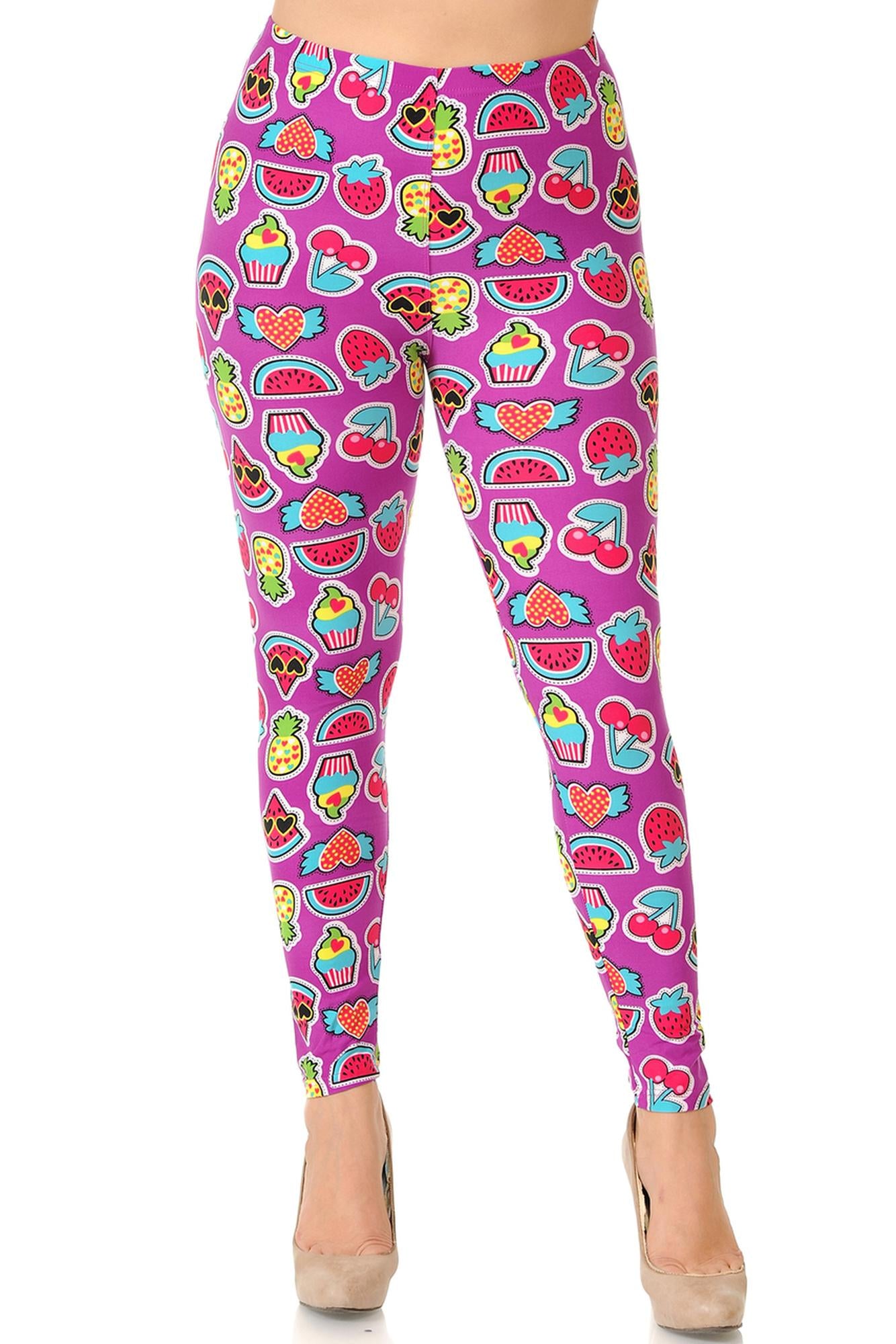 Buttery Soft Cartoon Fruit Plus Size Leggings (One Size Plus,Fuchsia)