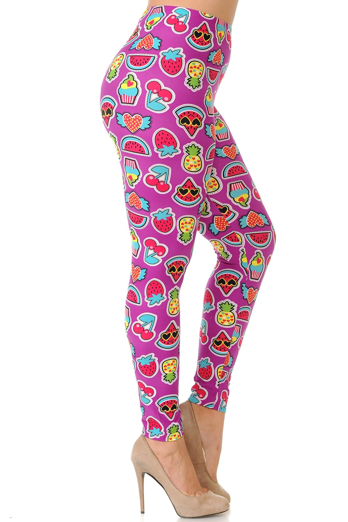 Buttery Soft Cartoon Fruit Plus Size Leggings (One Size Plus,Fuchsia)