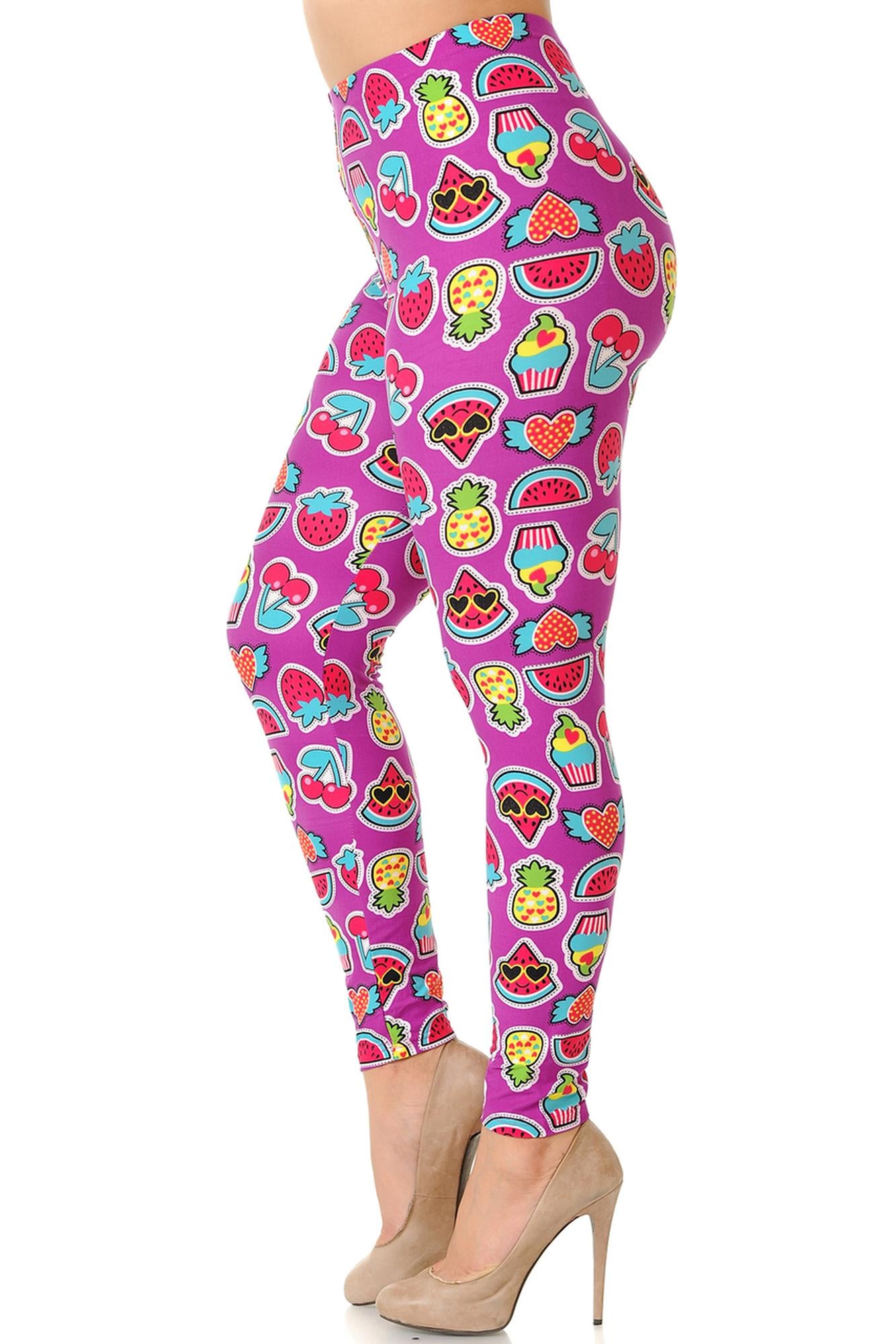Buttery Soft Cartoon Fruit Plus Size Leggings (One Size Plus,Fuchsia)