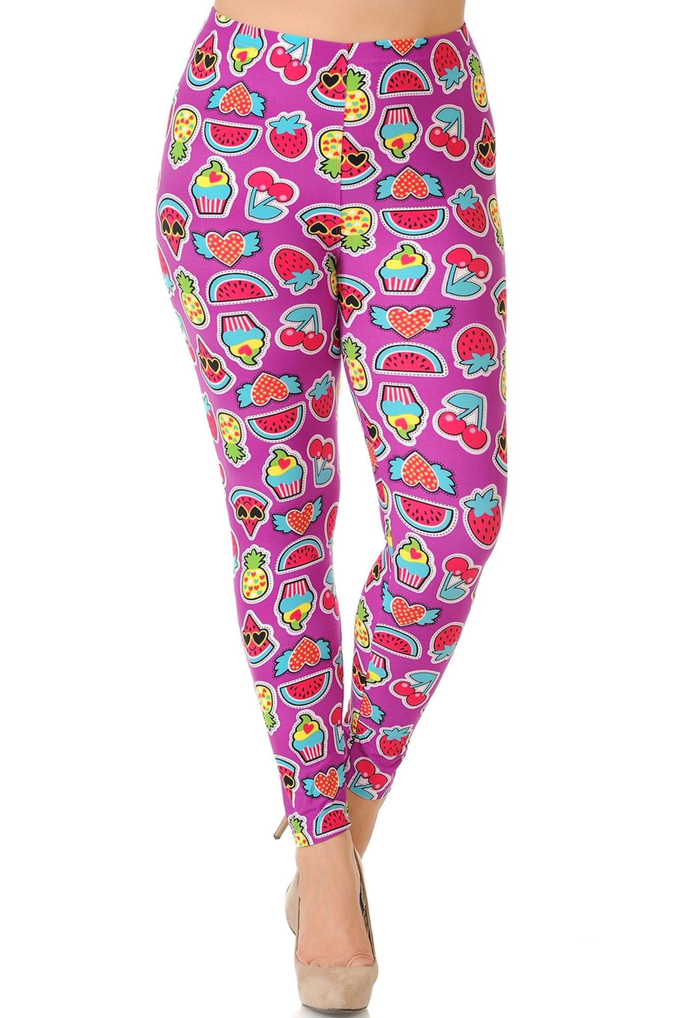 Buttery Soft Cartoon Fruit Plus Size Leggings (One Size Plus,Fuchsia)