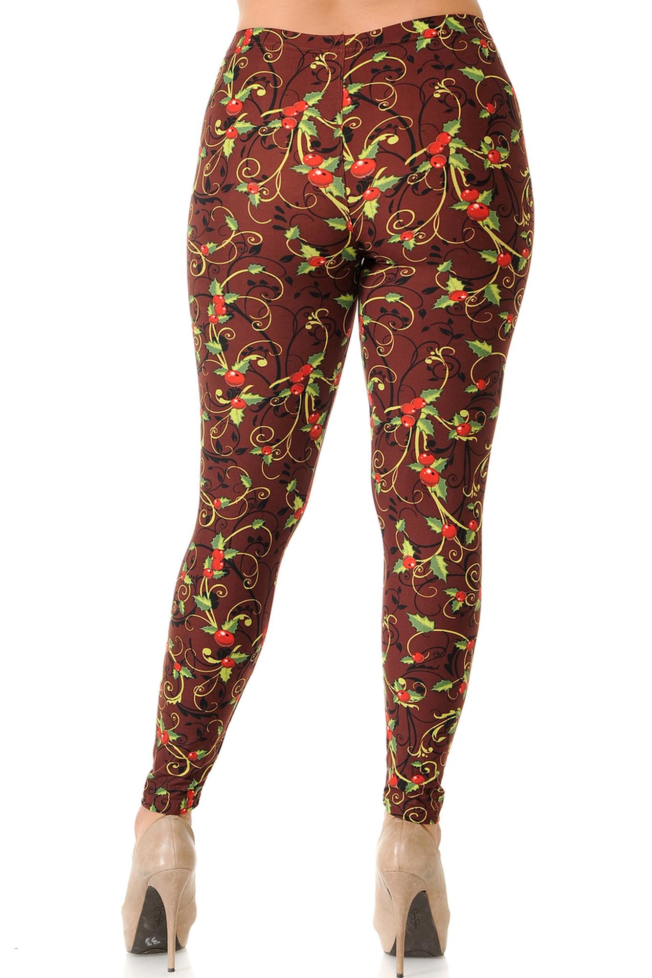 Buttery Soft Christmas Holly Plus Size Leggings (One Size Plus,Brown)
