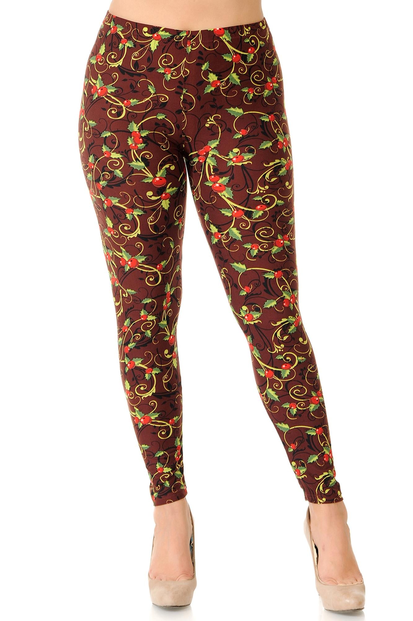 Buttery Soft Christmas Holly Plus Size Leggings (One Size Plus,Brown)