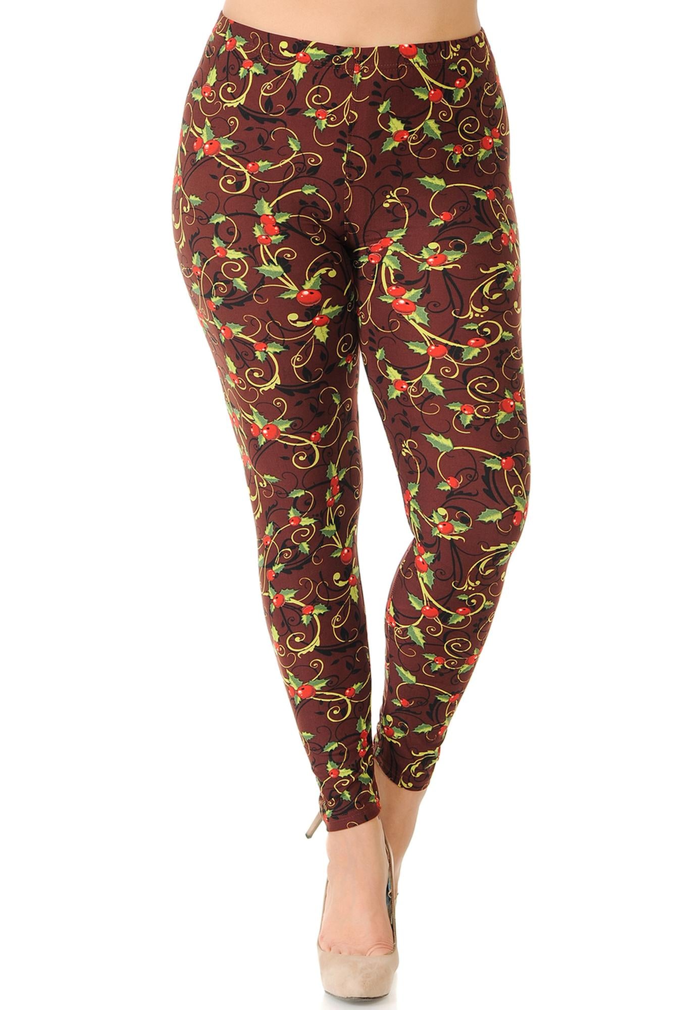 Buttery Soft Christmas Holly Plus Size Leggings (One Size Plus,Brown)