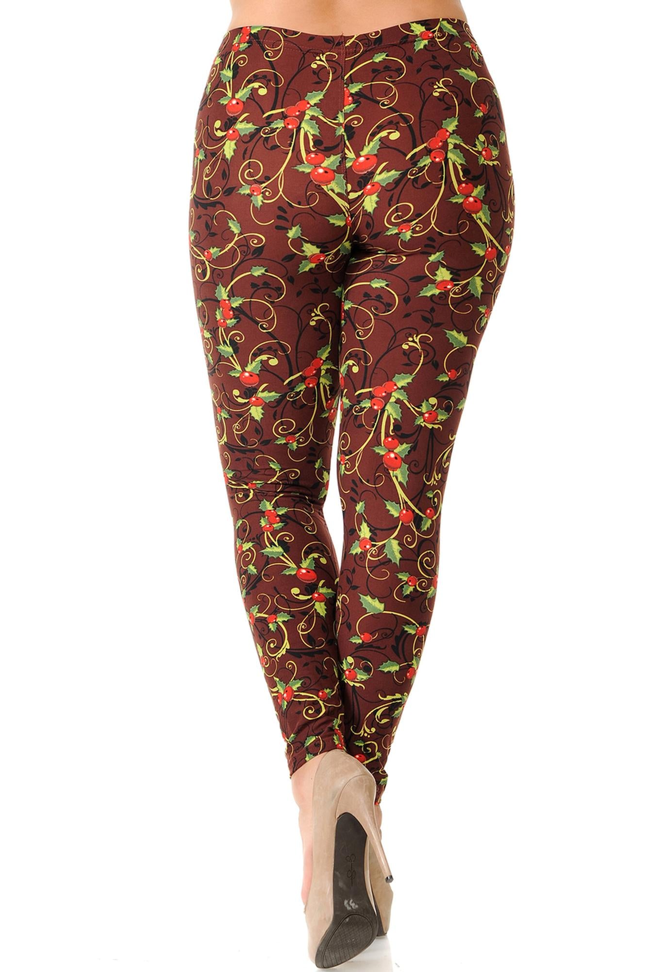 Buttery Soft Christmas Holly Plus Size Leggings (One Size Plus,Brown)