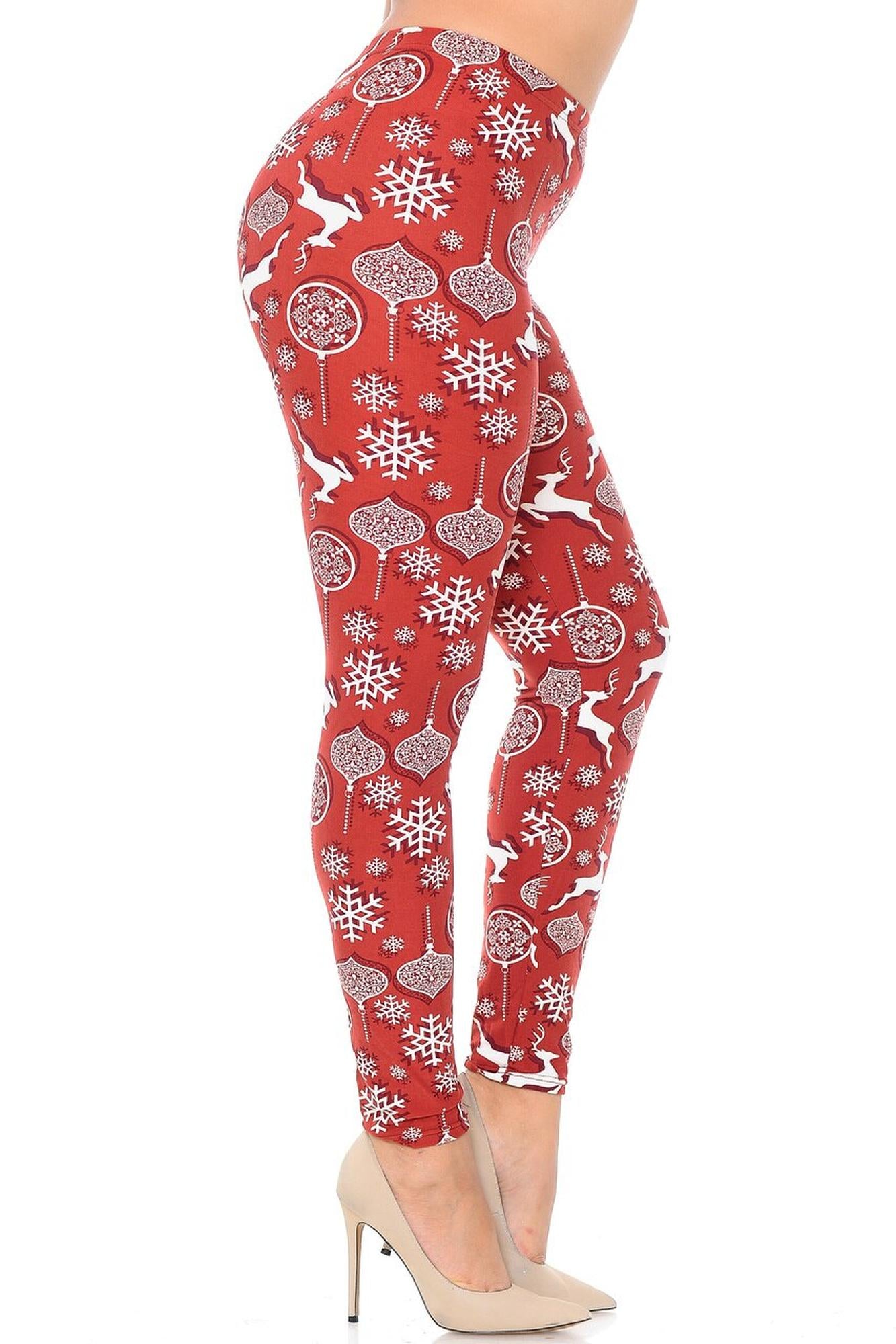 Buttery Soft Jumping Christmas Reindeer Plus Size Leggings (One Size Plus,Burgundy)