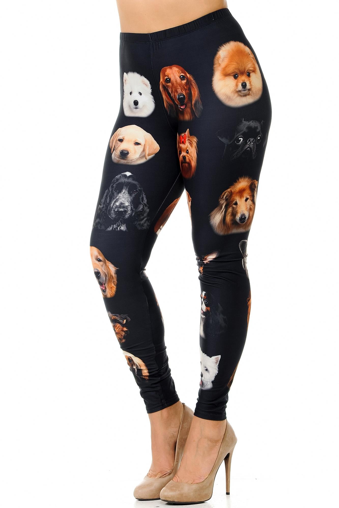 Creamy Soft Cute Puppy Dog Faces Plus Size Leggings (One Size Plus,Black)