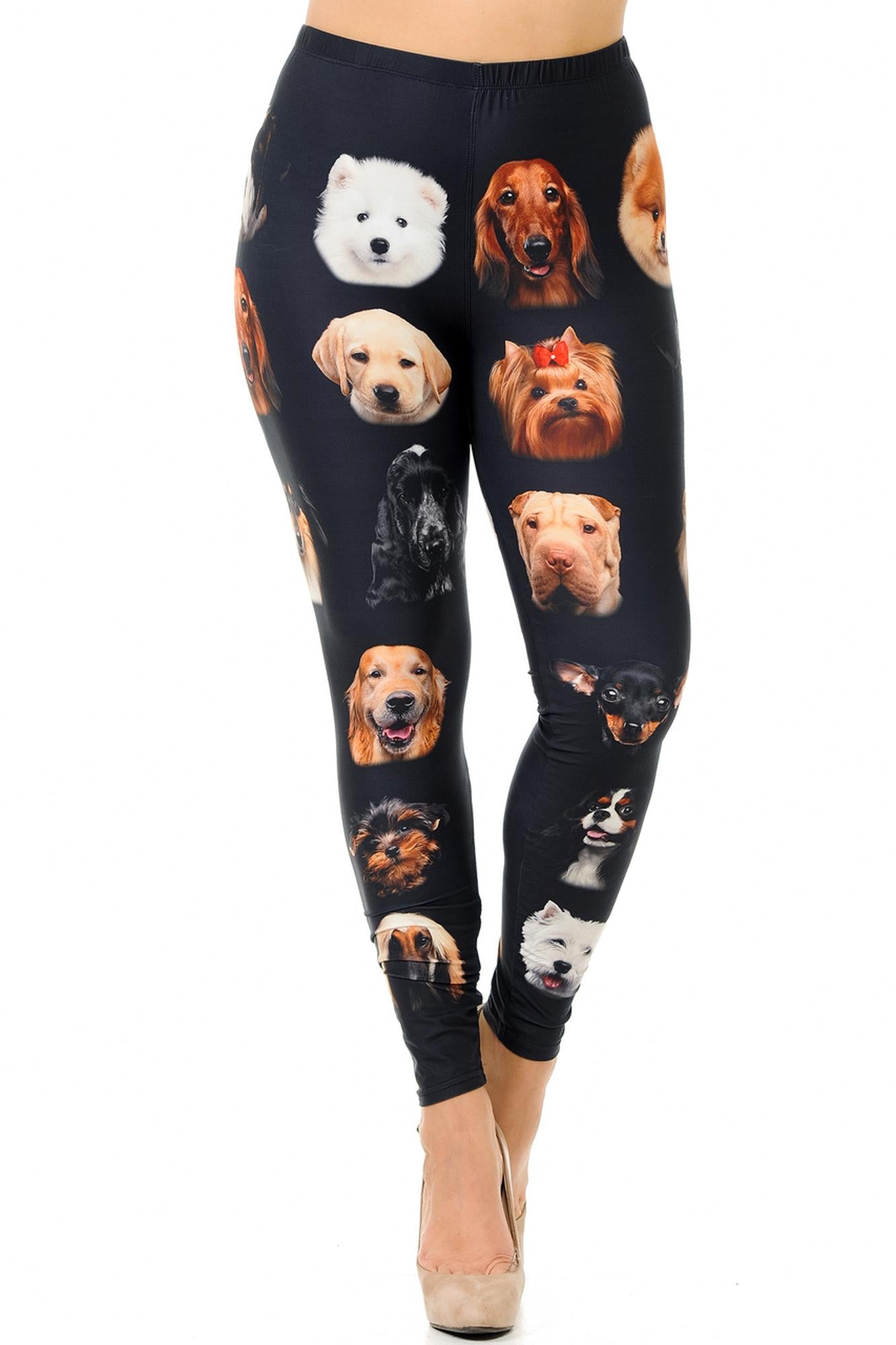 Creamy Soft Cute Puppy Dog Faces Plus Size Leggings (One Size Plus,Black)